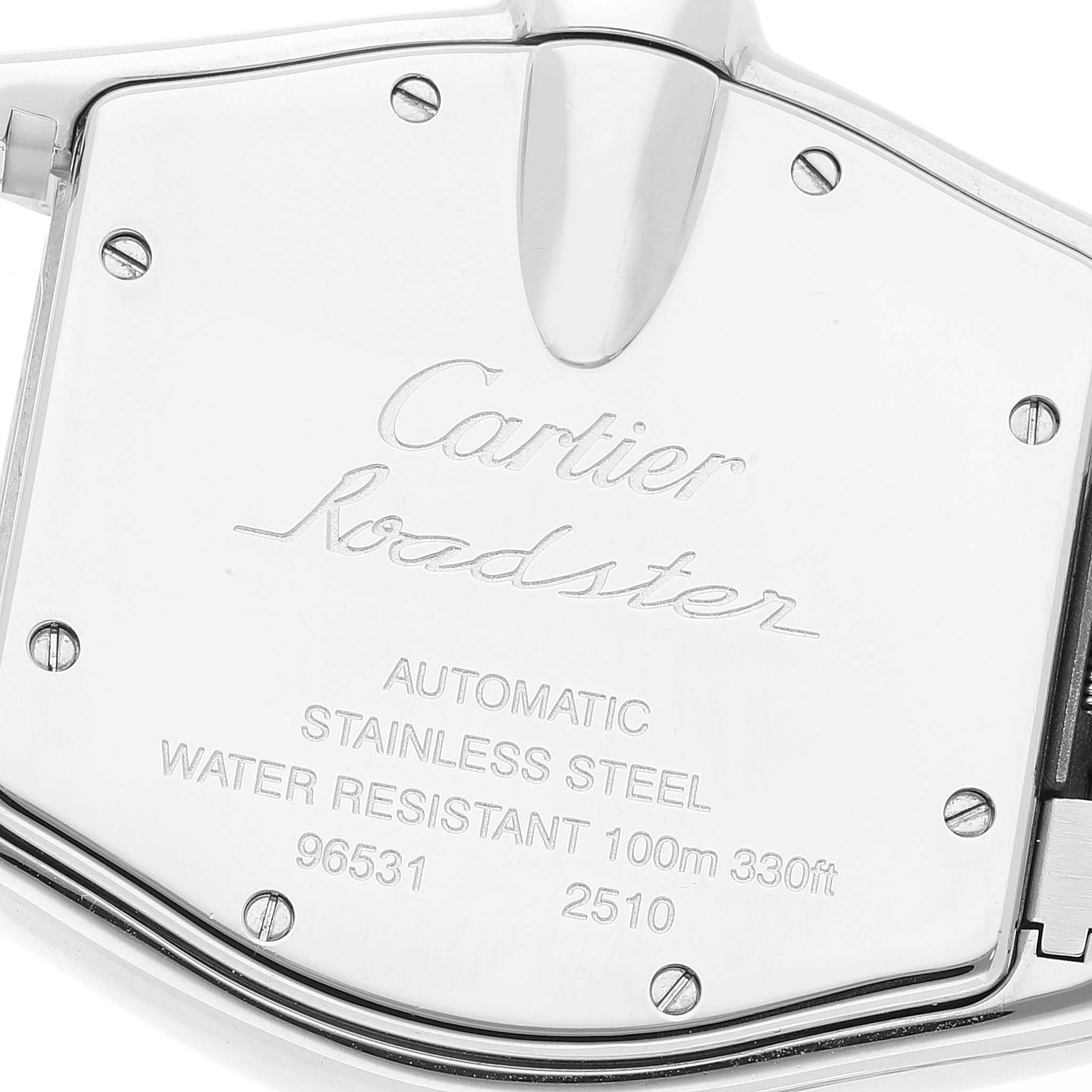 This image shows the back case of a Cartier Roadster W62041V3 Men's Stainless Steel Black Dial W62041V3 Men's Stainless Steel Black Dial watch, highlighting its specifications and brand engraving.