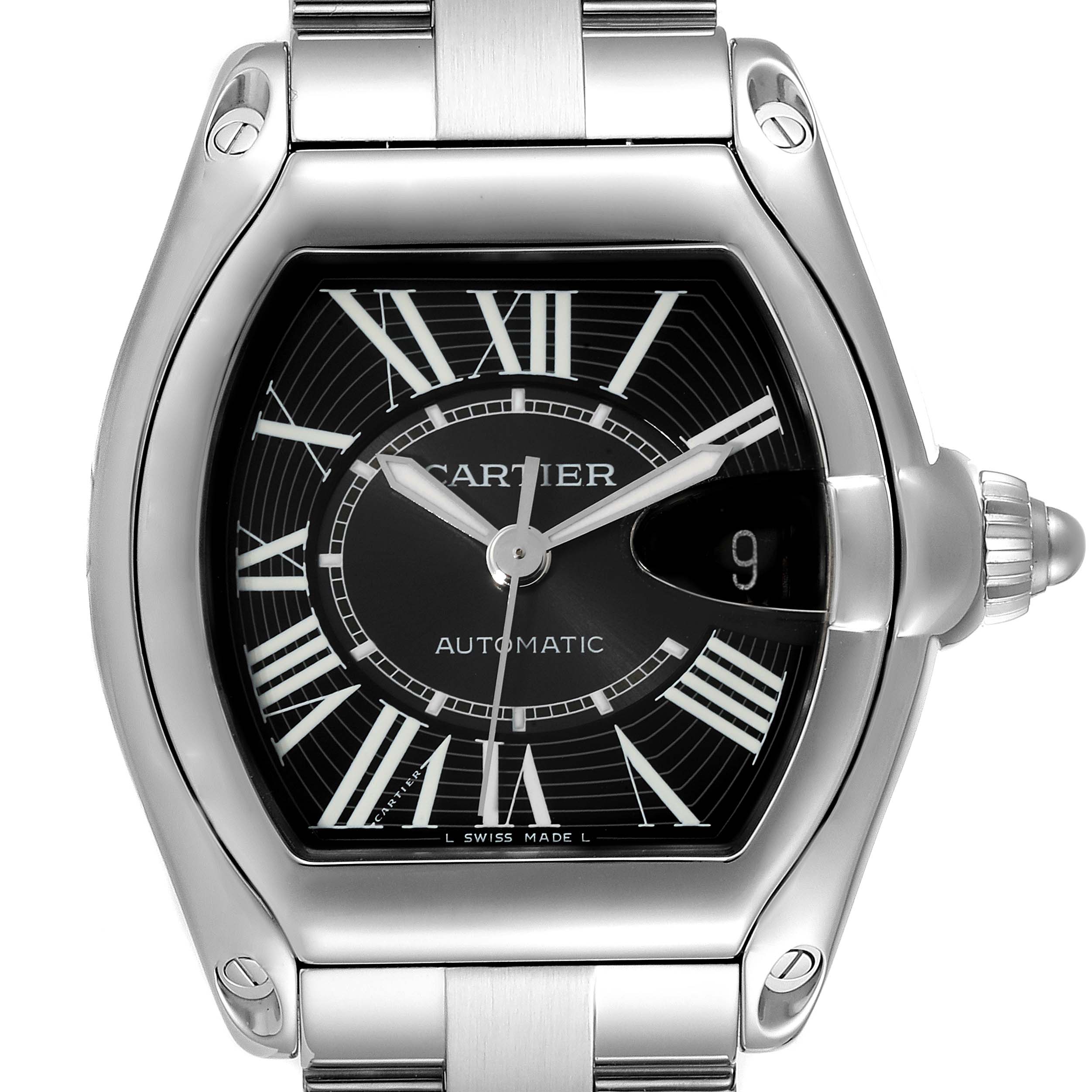 This image shows a front view of the Cartier Roadster W62041V3 Men's Stainless Steel Black Dial W62041V3 Men's Stainless Steel Black Dial watch, highlighting its dial, hands, and bracelet.