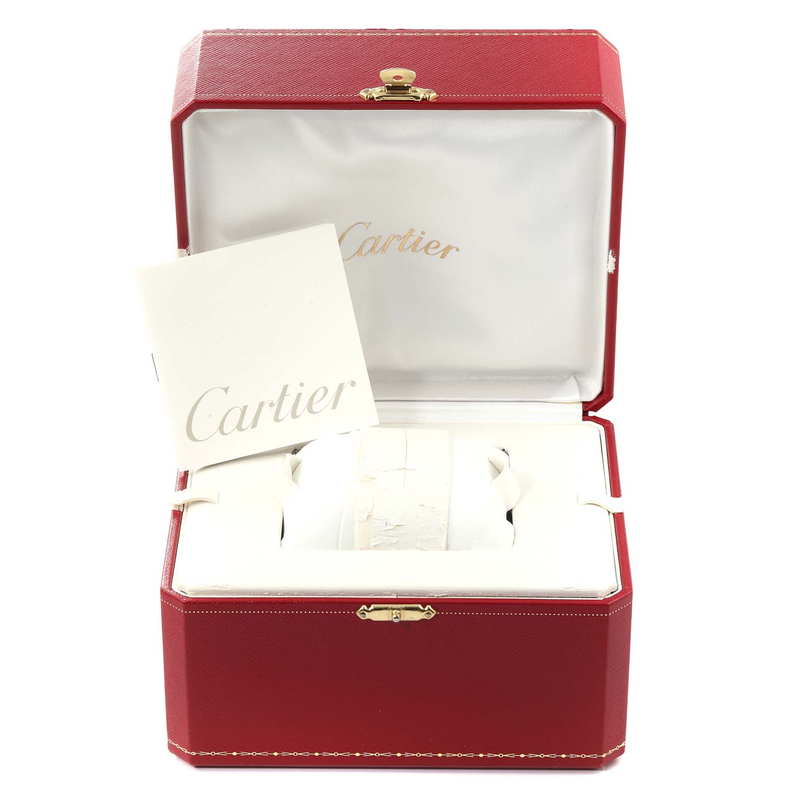The image shows a Cartier Roadster W62041V3 Men's Stainless Steel Black Dial W62041V3 Men's Stainless Steel Black Dial watch box set, including the red case and a booklet, viewed from a slightly elevated front angle.