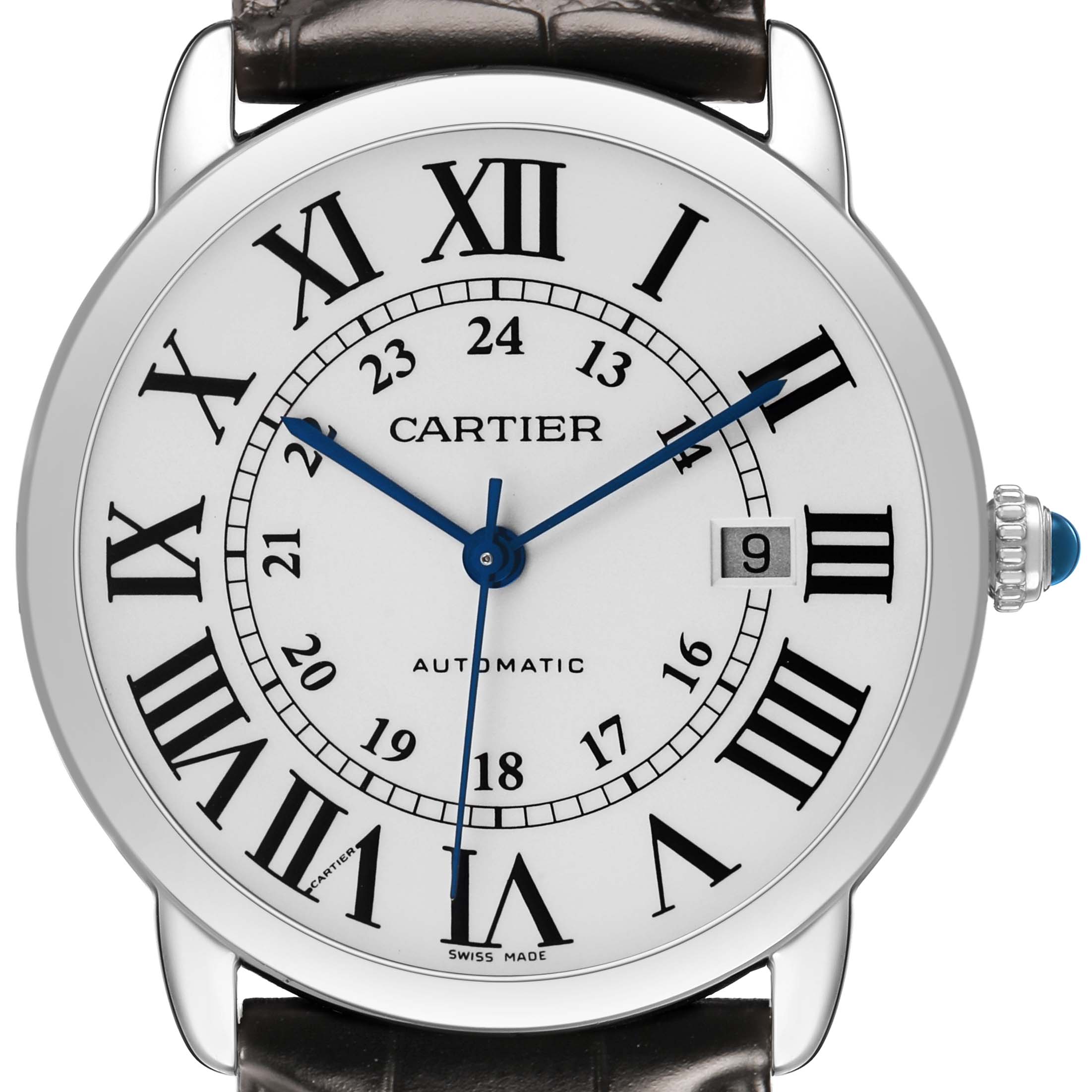 The Cartier Ronde W6701010 Men's Stainless Steel Silver Dial watch is shown from the front, displaying its face, Roman numerals, hands, date window, and crown.