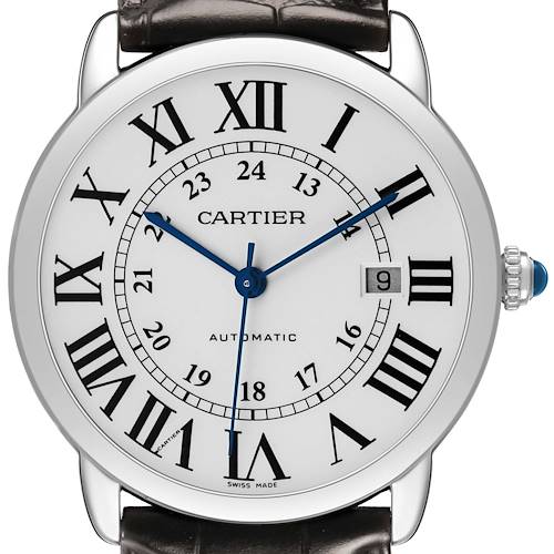 The image shows a frontal view of the Cartier Ronde W6701010 Men's Stainless Steel Silver Dial model, highlighting the Roman numerals, date window, and blue hands.