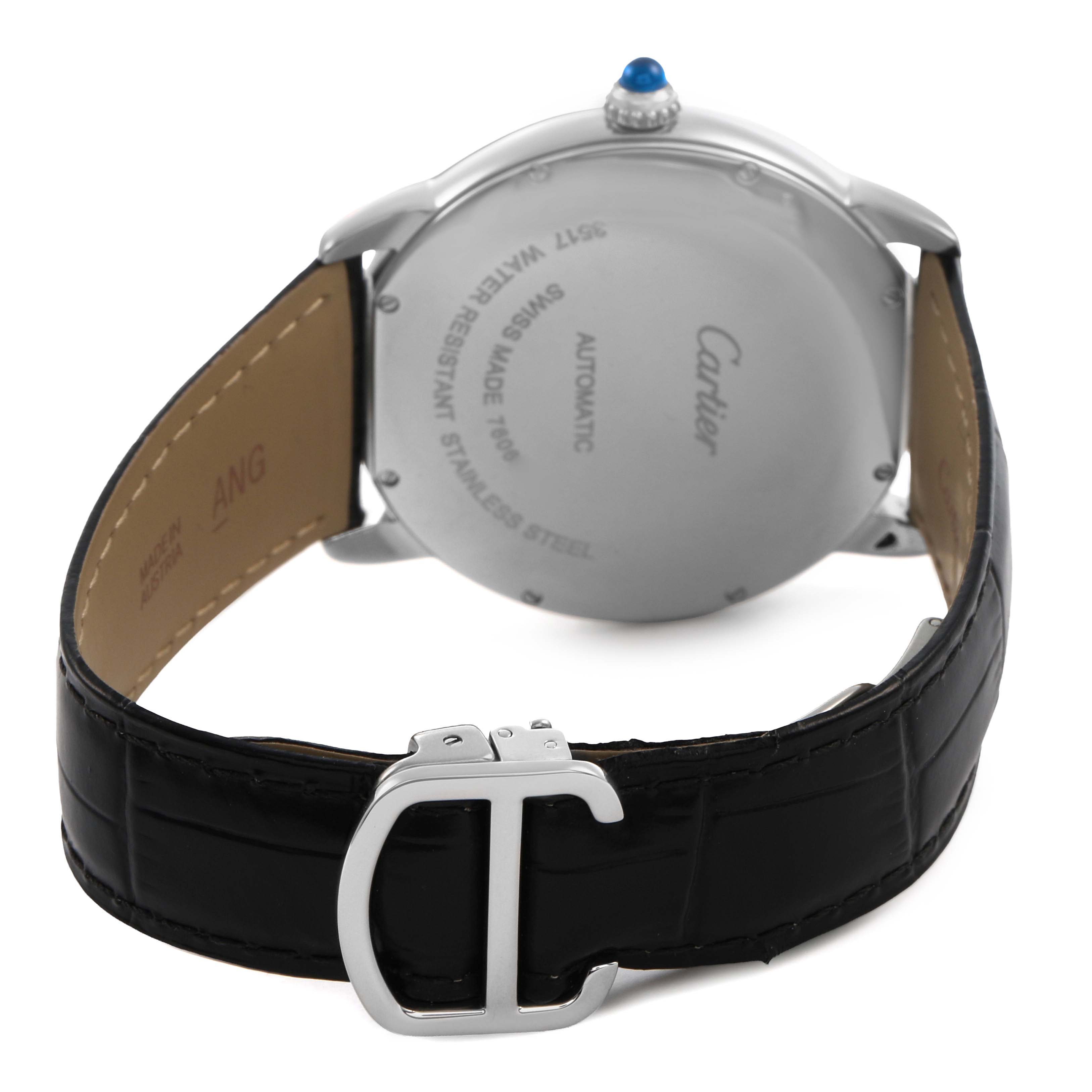 The image shows the back and strap of a Cartier Ronde W6701010 Men's Stainless Steel Silver Dial watch, highlighting the buckle and case back.