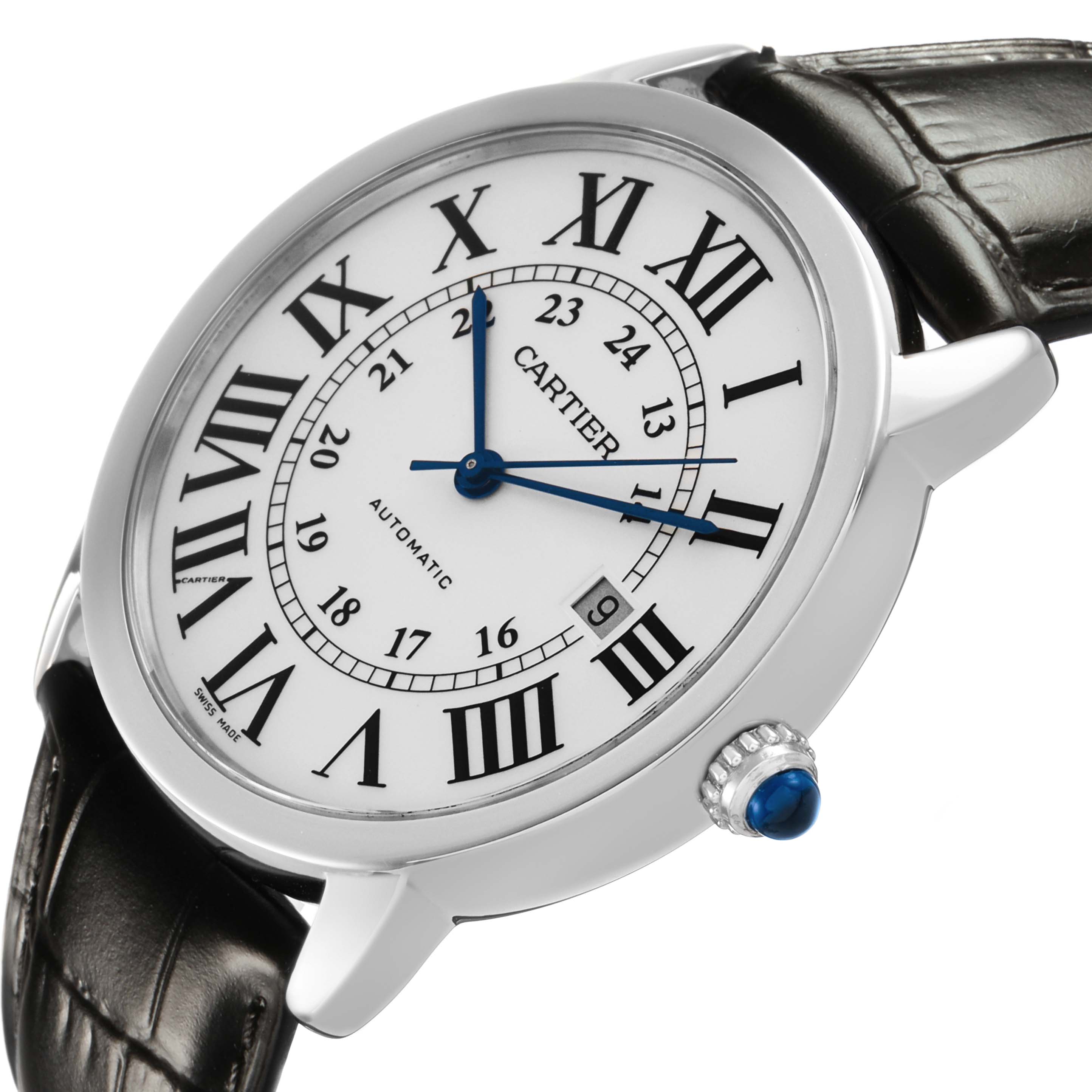 The Cartier Ronde W6701010 Men's Stainless Steel Silver Dial watch is shown at a tilted angle, featuring Roman numerals, a date window, and a sapphire cabochon on the crown.