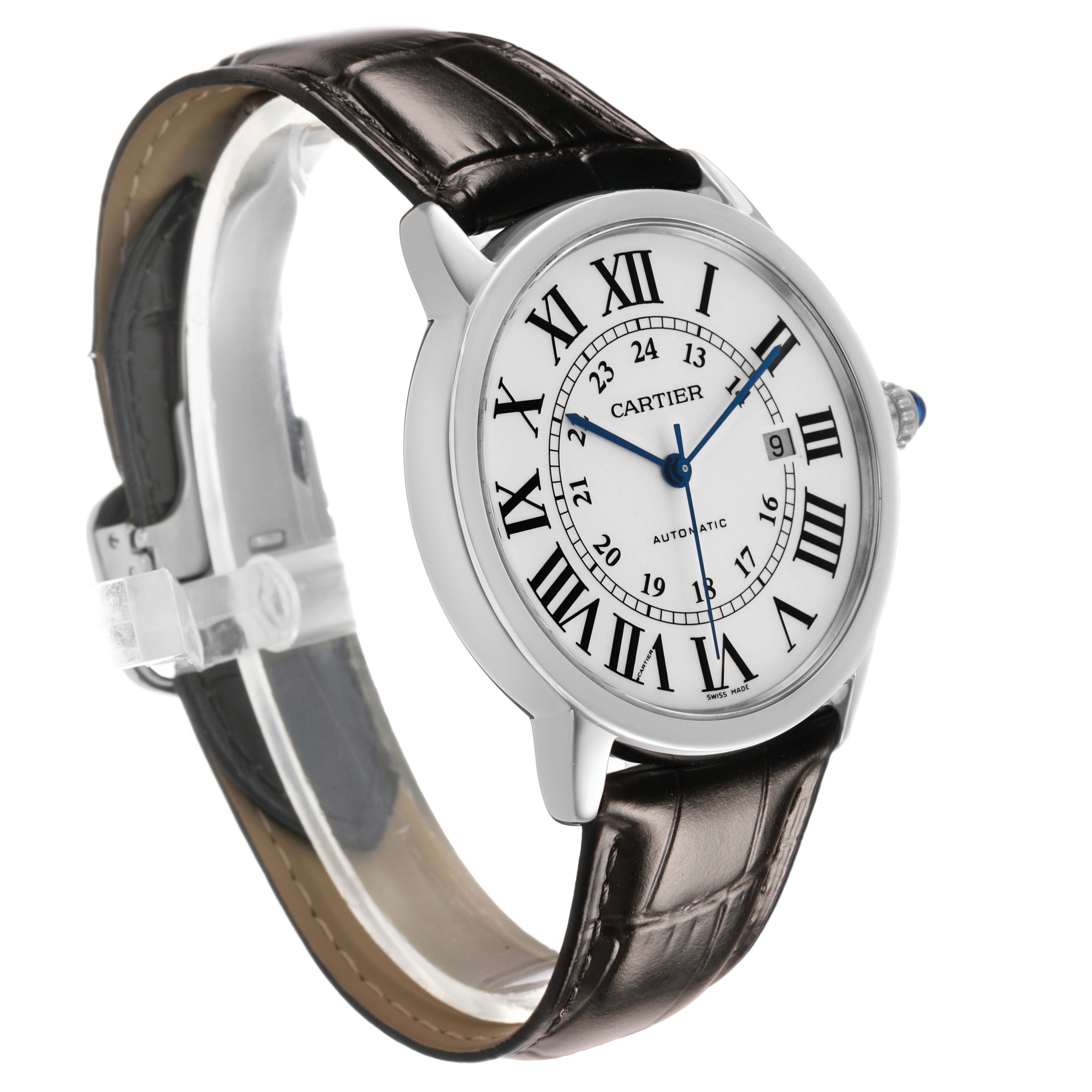 The Cartier Ronde W6701010 Men's Stainless Steel Silver Dial watch is shown from a three-quarter angle displaying the face, dial, leather strap, and crown.