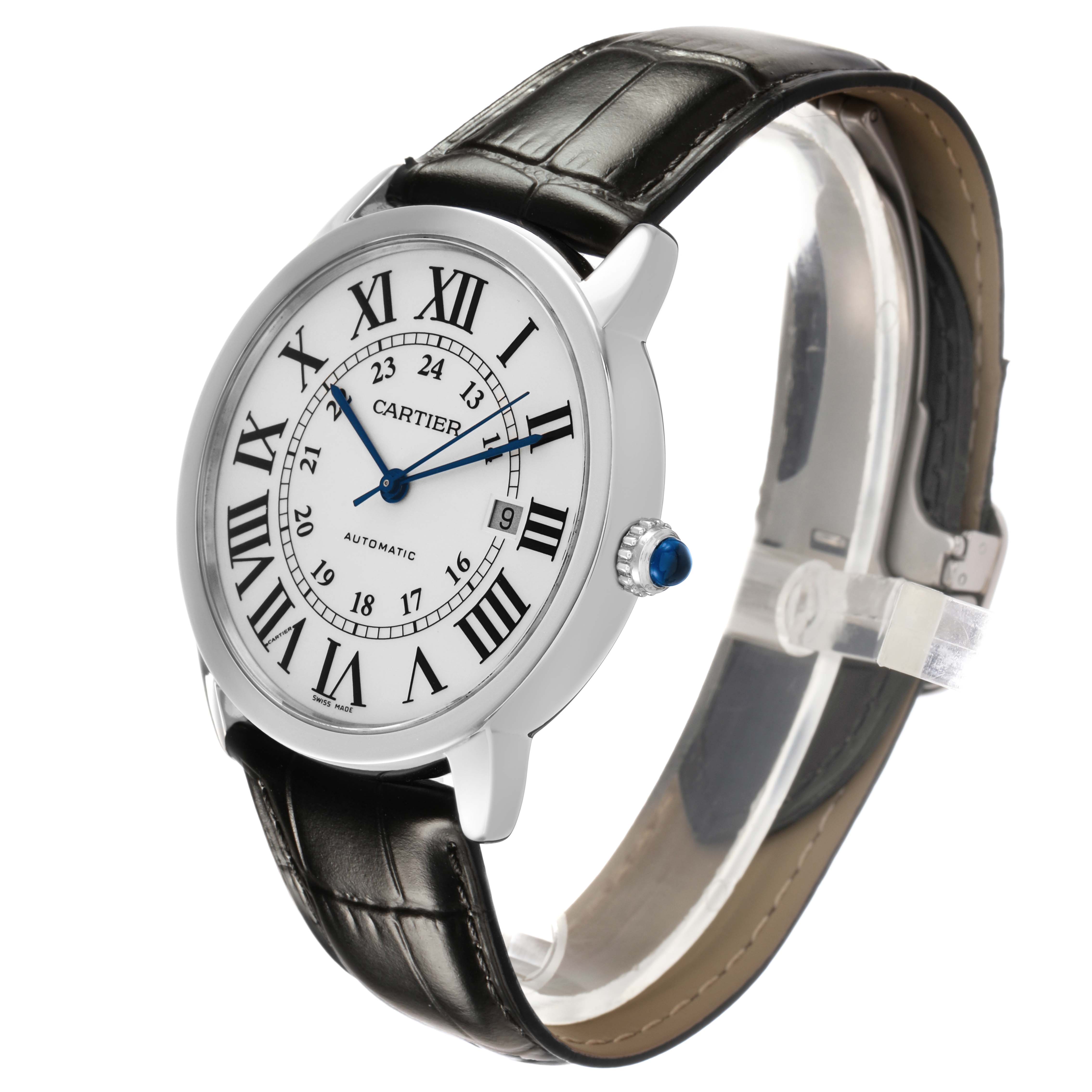 The Cartier Ronde W6701010 Men's Stainless Steel Silver Dial watch is shown at a slight angle, highlighting the dial, blue hands, Roman numerals, and leather strap.