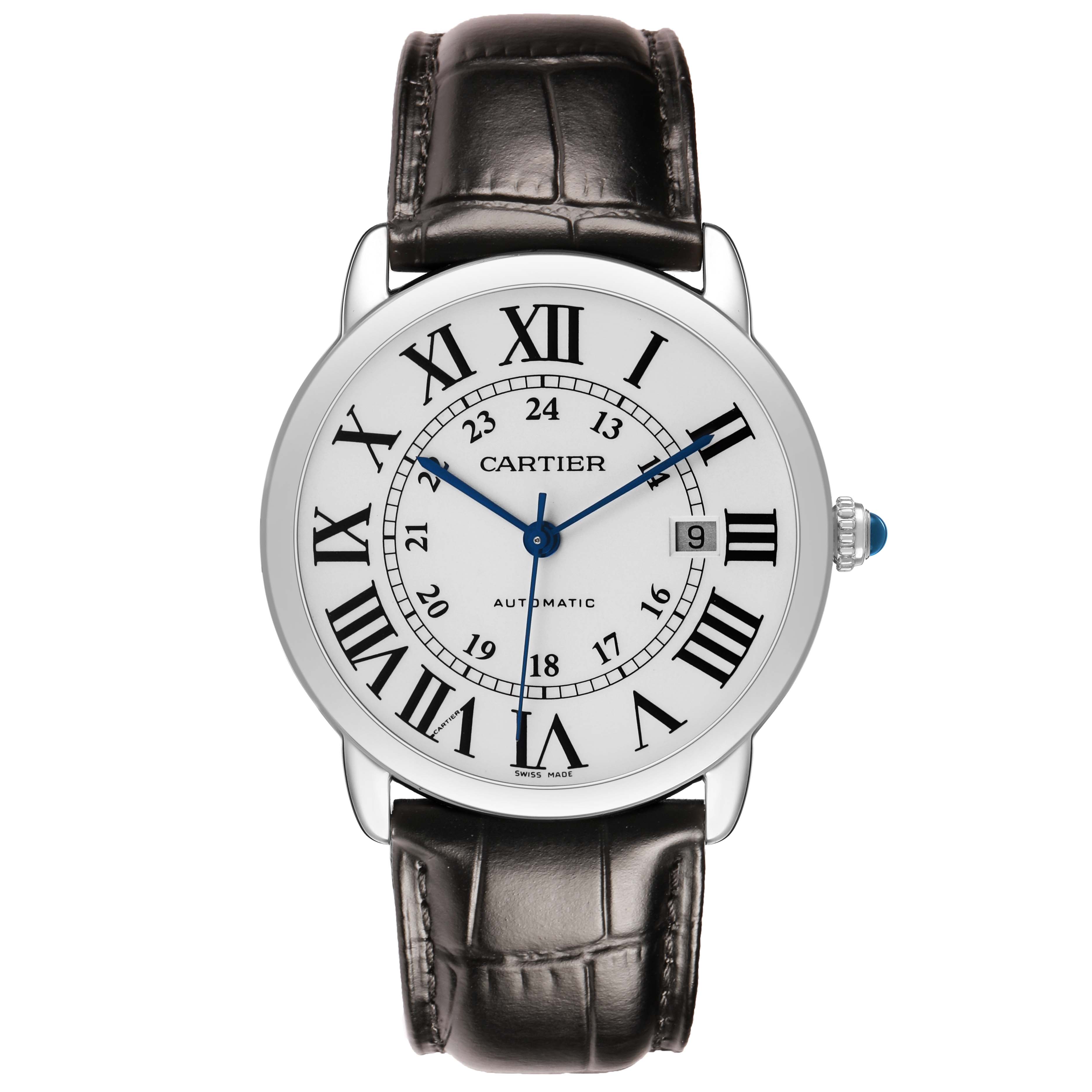 The Cartier Ronde W6701010 Men's Stainless Steel Silver Dial watch is shown from the front, highlighting its Roman numerals, blue hands, and textured black leather strap.