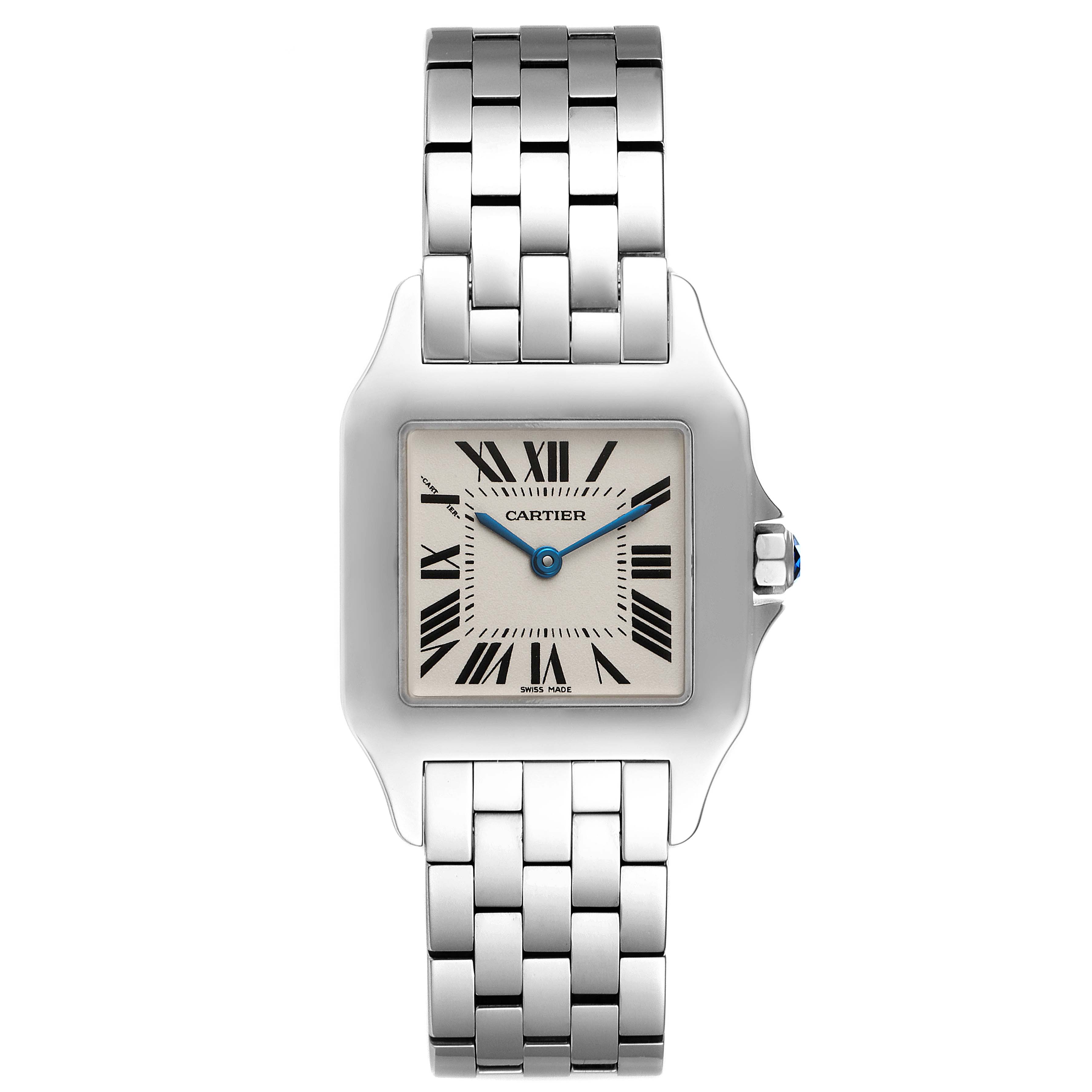 The image shows a front view of a Cartier Santos Demoiselle W25065Z5 Women
s Stainless Steel Silver Dial W25065Z5 Women
s Stainless Steel Silver Dial watch, displaying its face, bezel, and metal bracelet.