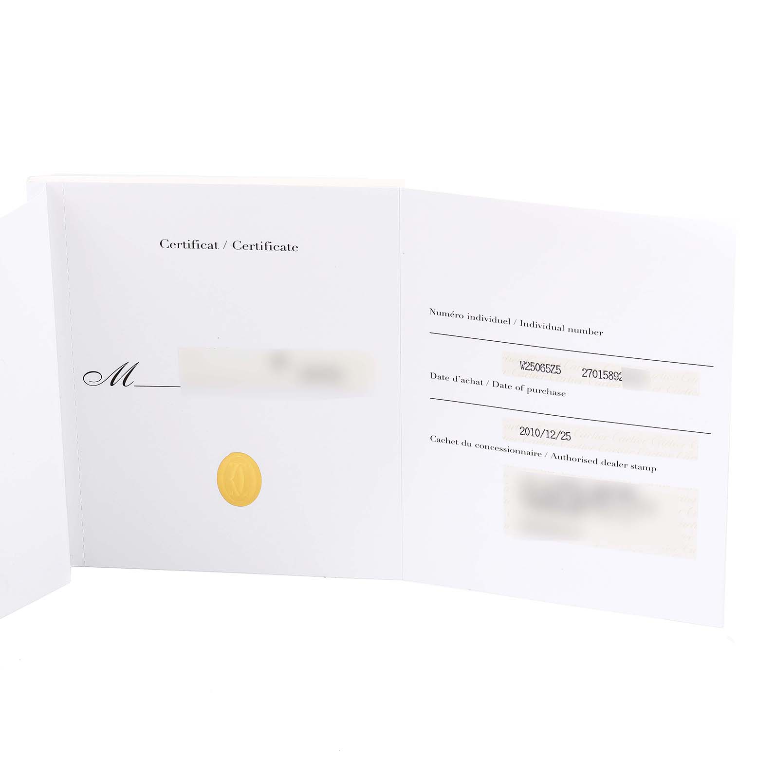 This image shows the certificate or warranty card for the Cartier Santos Demoiselle W25065Z5 Women
s Stainless Steel Silver Dial W25065Z5 Women
s Stainless Steel Silver Dial watch.