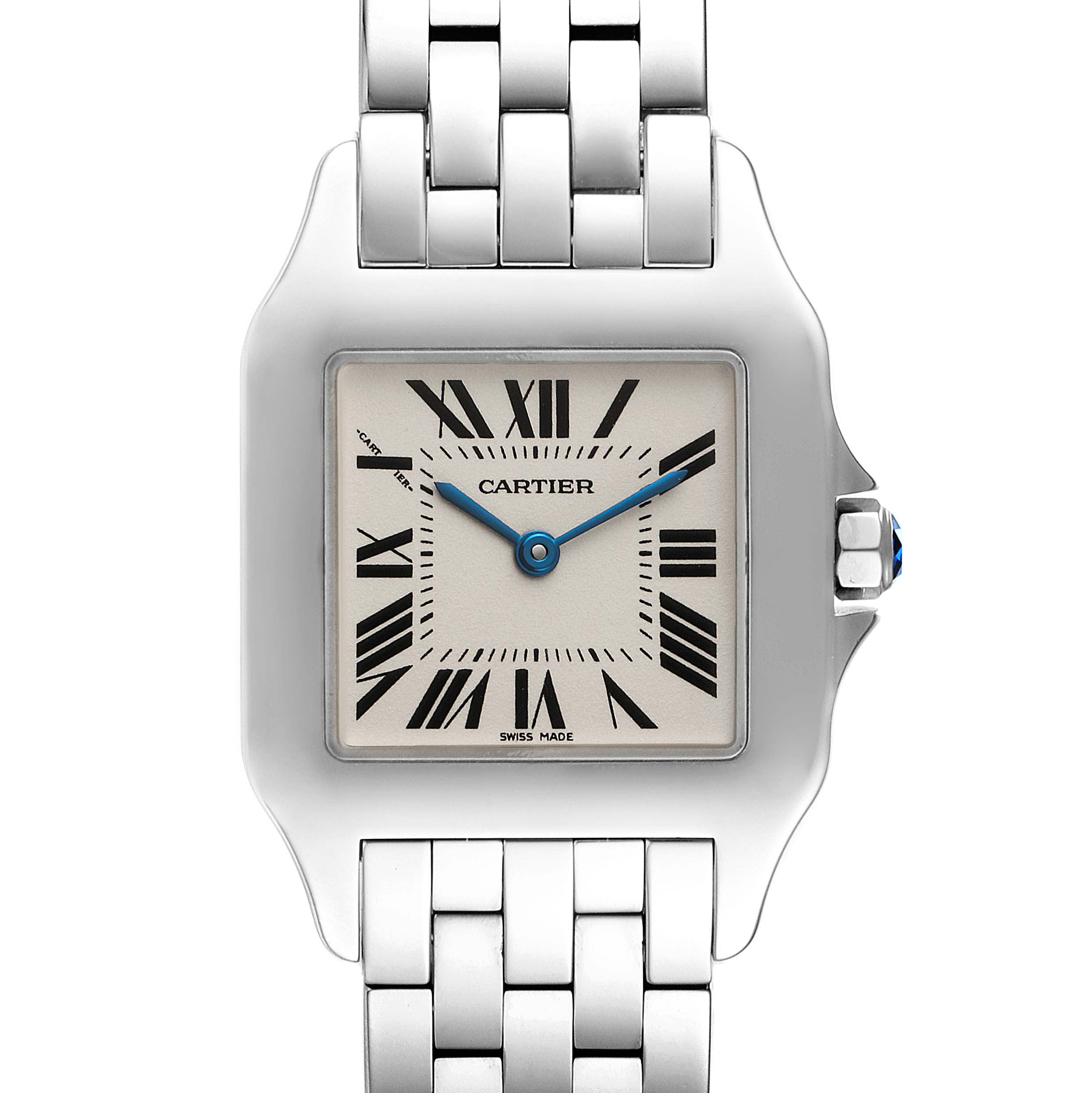 The image shows a front view of a Cartier Santos Demoiselle W25065Z5 Women
s Stainless Steel Silver Dial W25065Z5 Women
s Stainless Steel Silver Dial watch, highlighting its face, bezel, and bracelet.