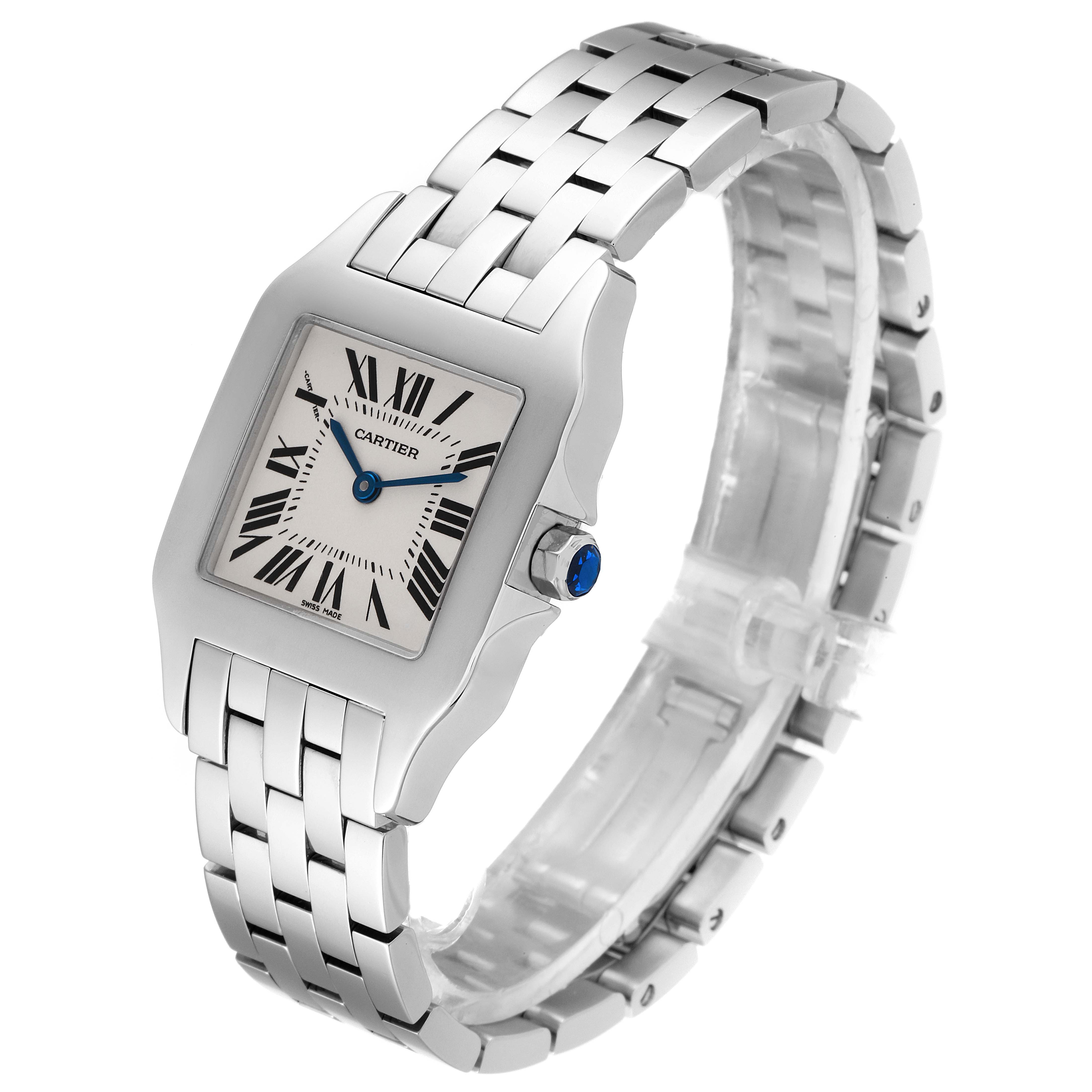 The image shows a Cartier Santos Demoiselle W25065Z5 Women
s Stainless Steel Silver Dial W25065Z5 Women
s Stainless Steel Silver Dial watch from a front angle, highlighting its face, bezel, and metal bracelet.