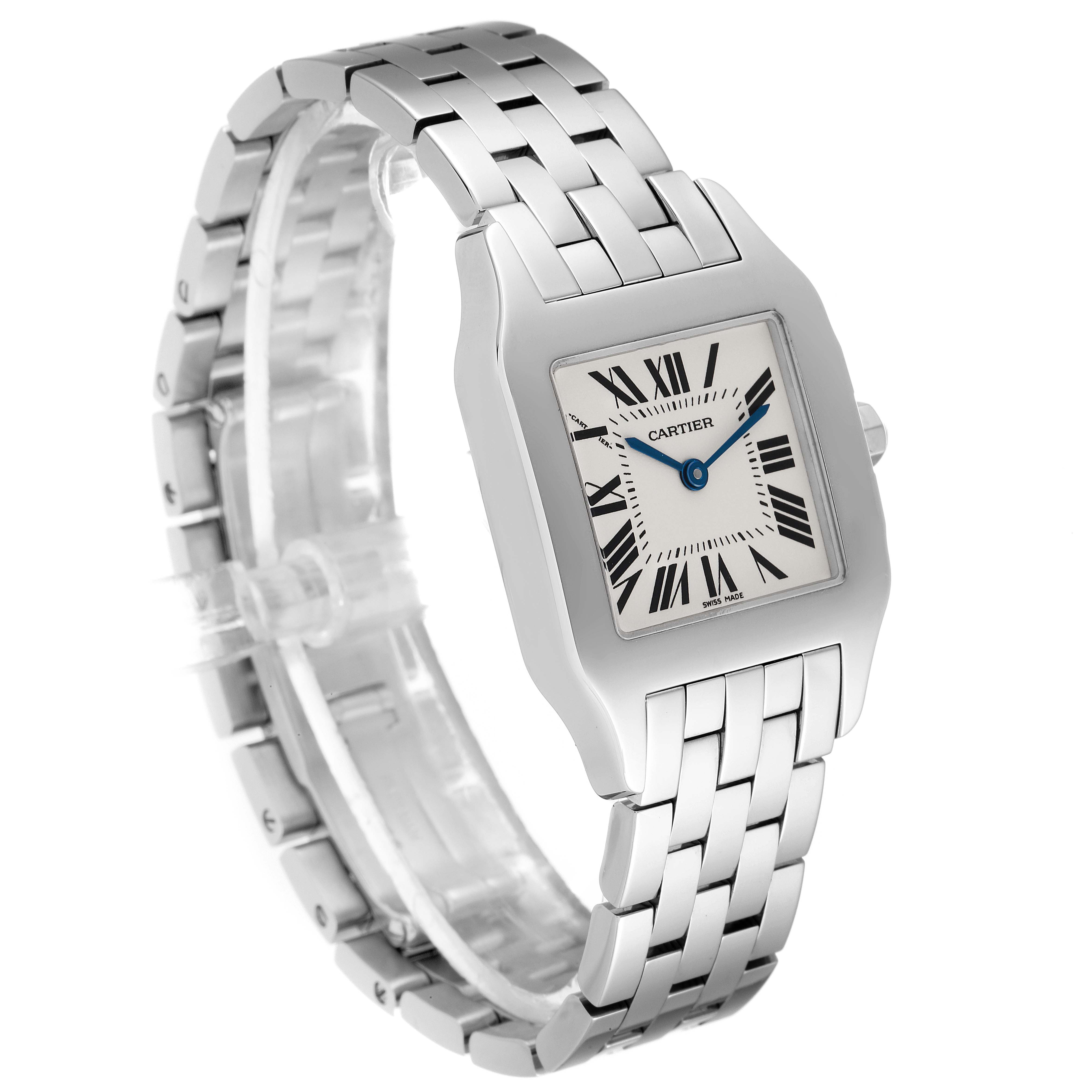 The image shows a side angle of the Cartier Santos Demoiselle W25065Z5 Women
s Stainless Steel Silver Dial W25065Z5 Women
s Stainless Steel Silver Dial watch highlighting its face, bracelet, and clasp.