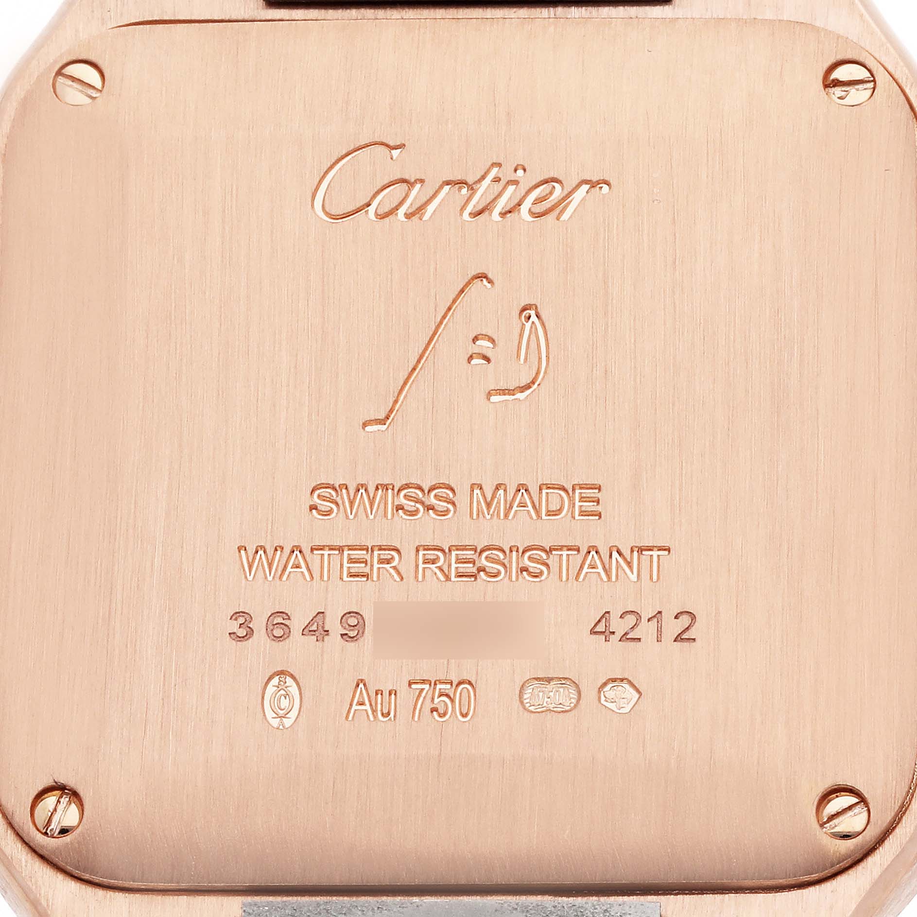 The image shows the back case of the Cartier Santos Dumont WGSA0022 Men's Rose Gold Silver Dial watch, highlighting the brand engraving and specifications.