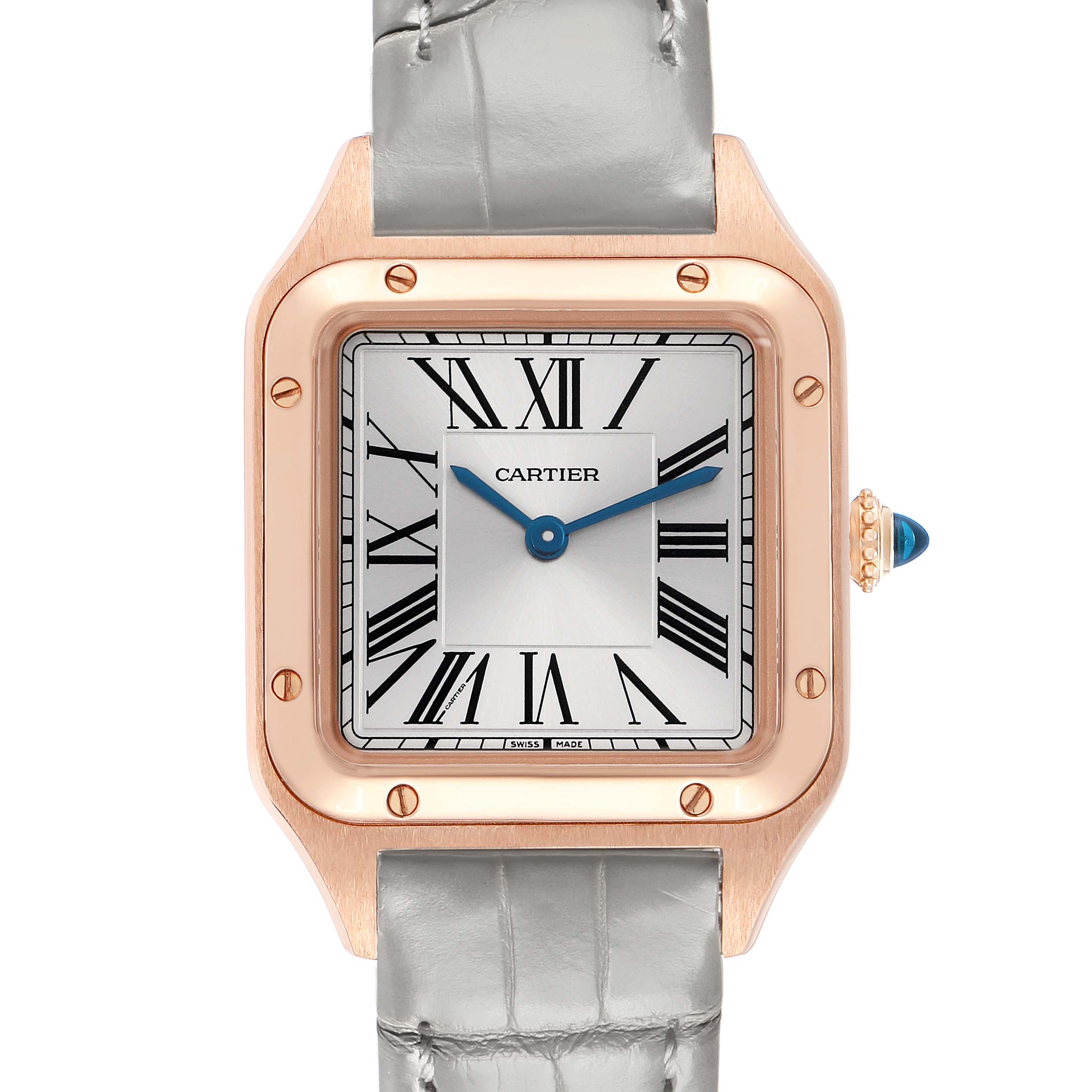 The Cartier Santos Dumont WGSA0022 Men's Rose Gold Silver Dial watch is shown from a front angle, displaying its face, bezel, and a portion of the strap.