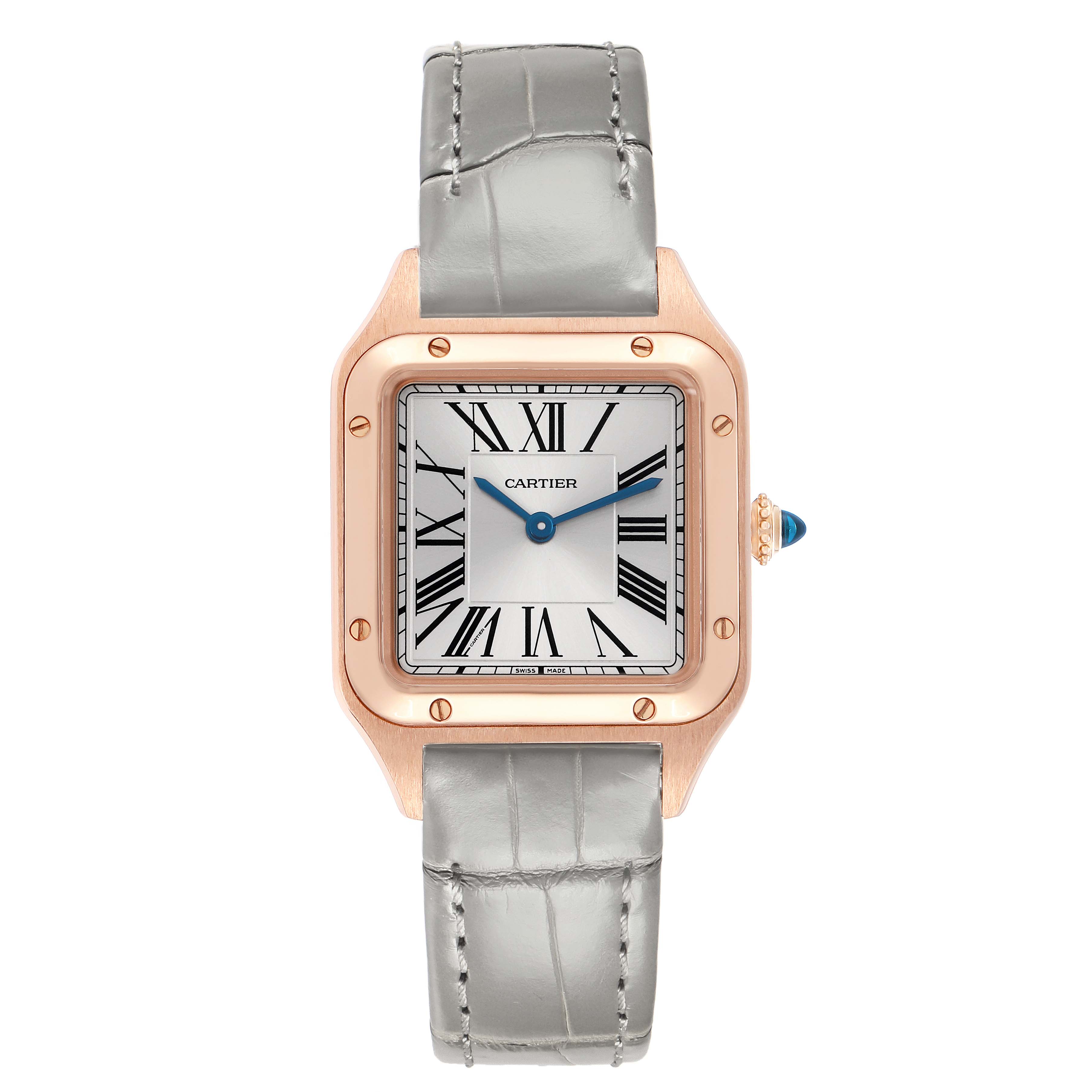 The Cartier Santos Dumont WGSA0022 Men's Rose Gold Silver Dial watch is shown from a top view, displaying the square face, roman numerals, and a leather strap.