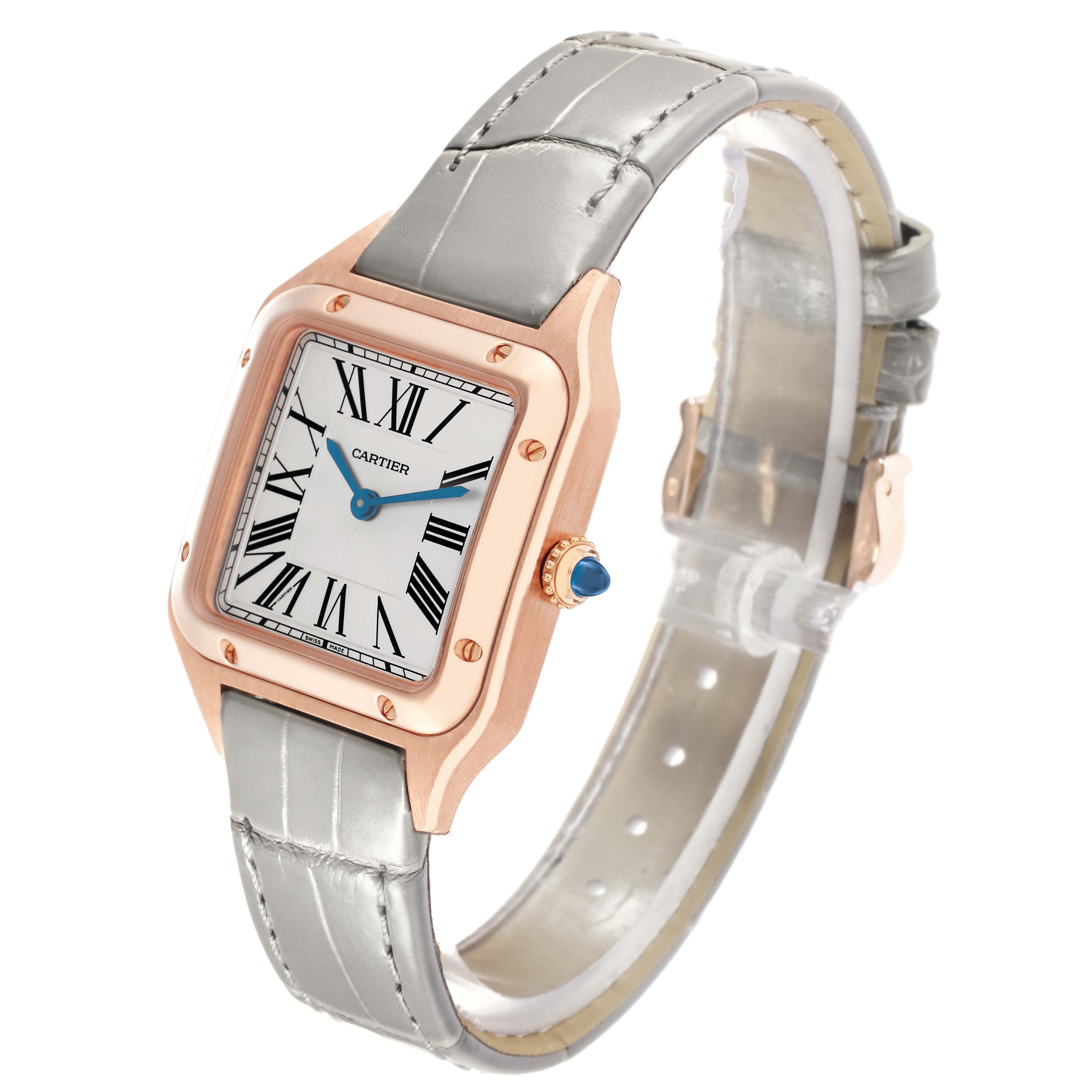 The Cartier Santos Dumont WGSA0022 Men's Rose Gold Silver Dial watch is shown at an angled view, displaying the face, strap, crown, and case.