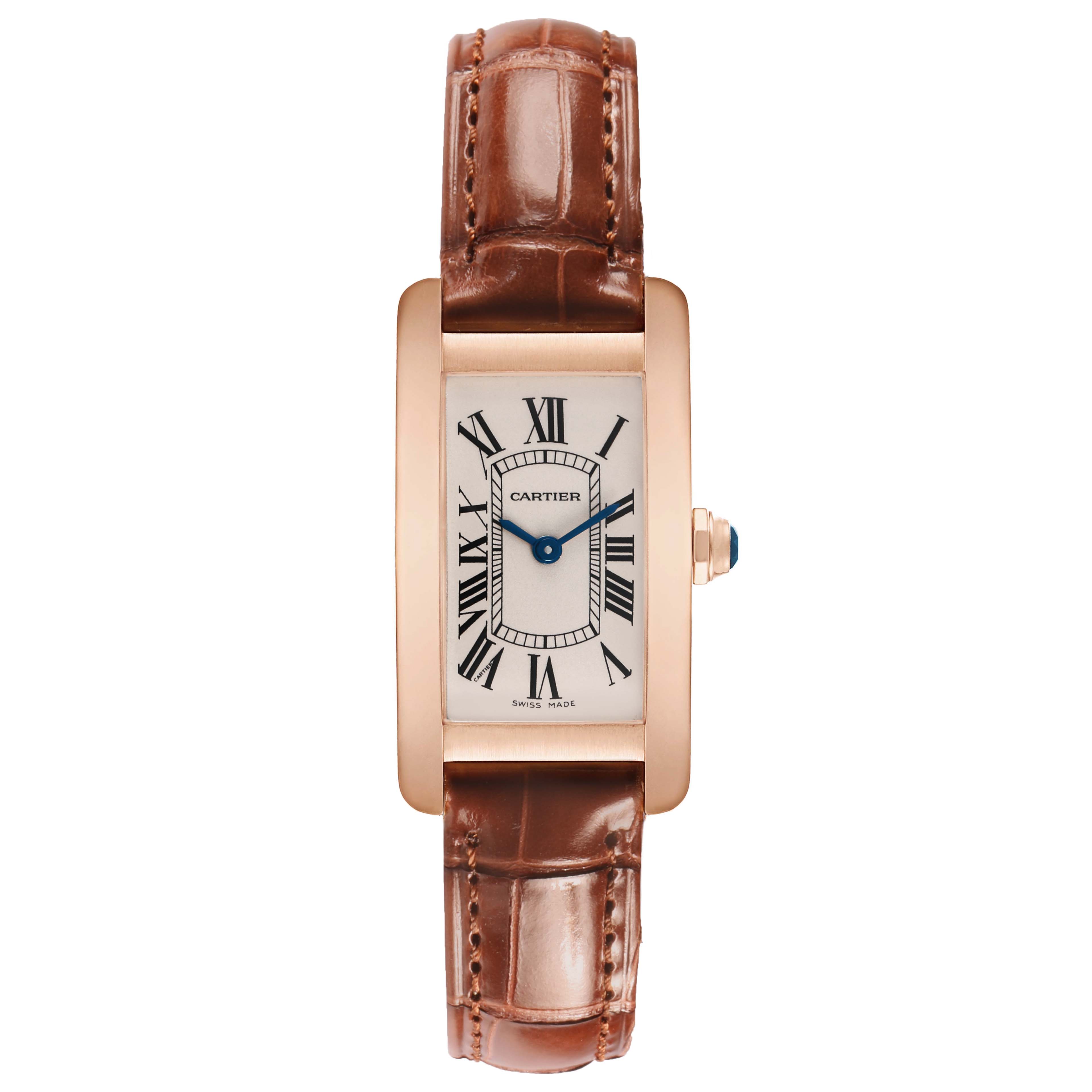 The Cartier Tank Américaine watch is shown from a top-down angle, displaying its rectangular face and brown leather strap.
