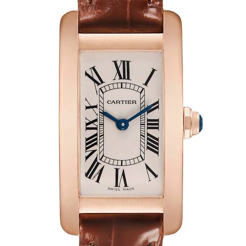 The Cartier Tank Américaine watch is shown from a frontal angle, highlighting its rectangular face, Roman numerals, and brown leather strap.