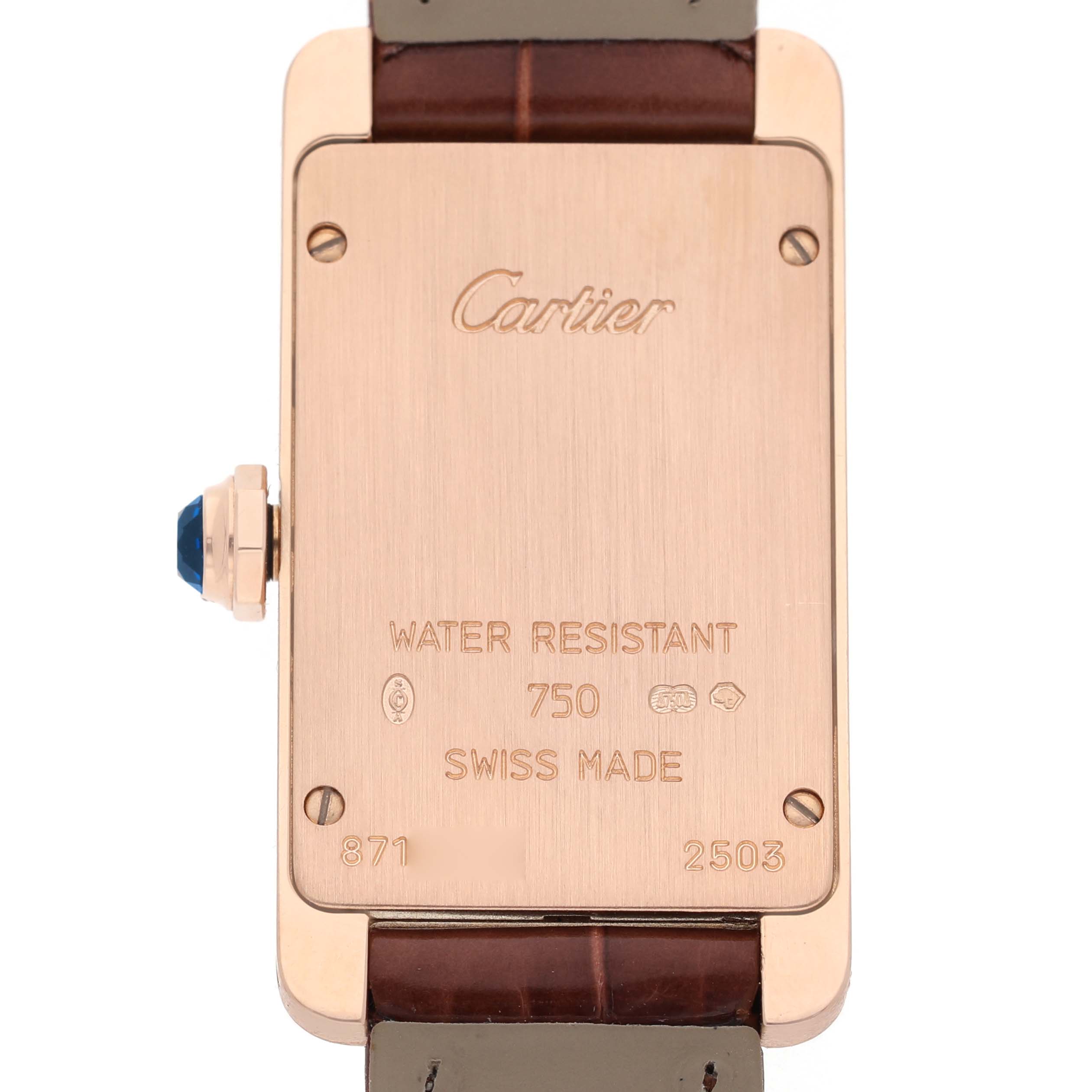 The image shows the back of a Cartier Tank Americaine W2607456 Women's Rose Gold Silver Dial watch, highlighting the case engravings and leather strap.