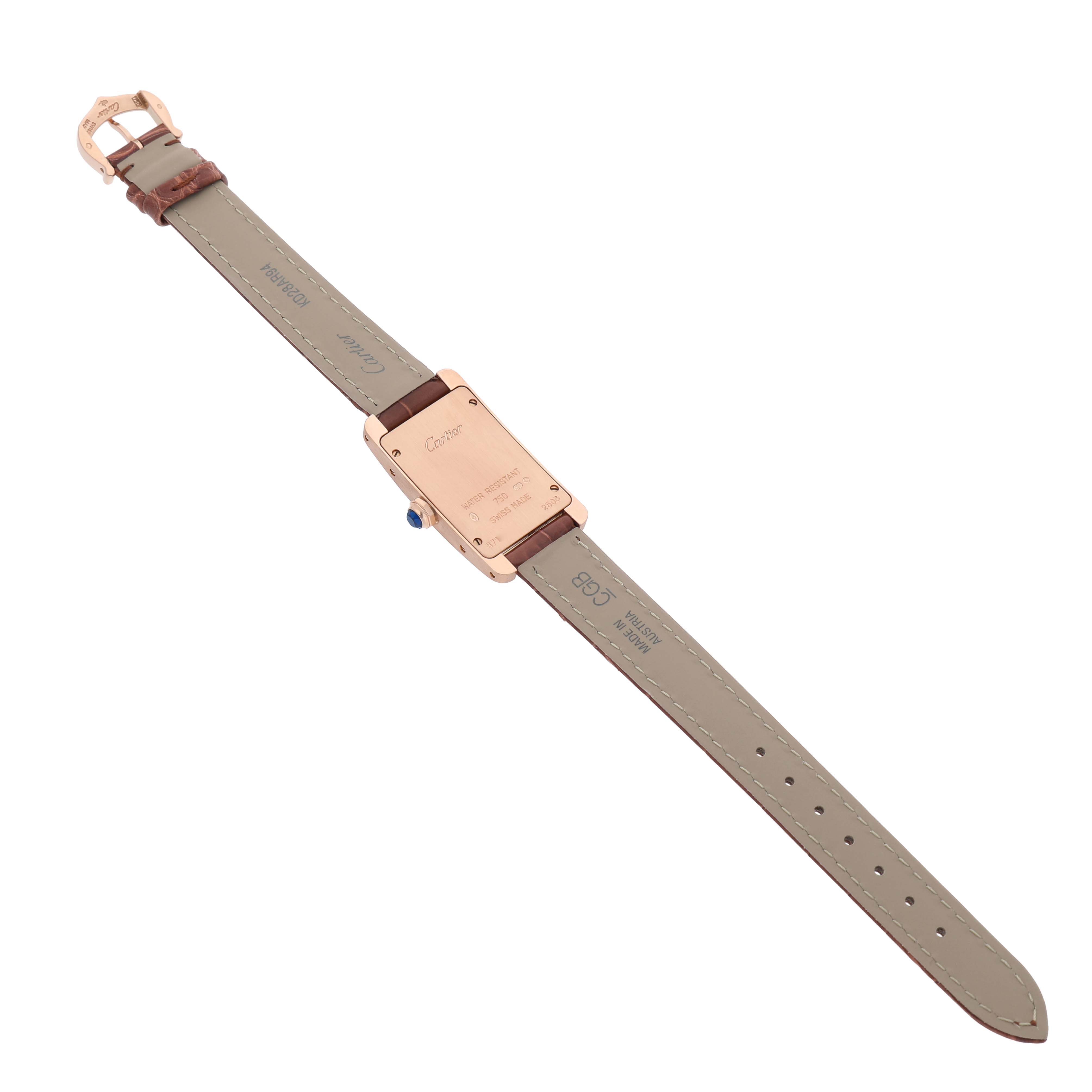 The image shows the back view of a Cartier Tank Americaine W2607456 Women's Rose Gold Silver Dial watch, highlighting the case back, strap, and buckle.