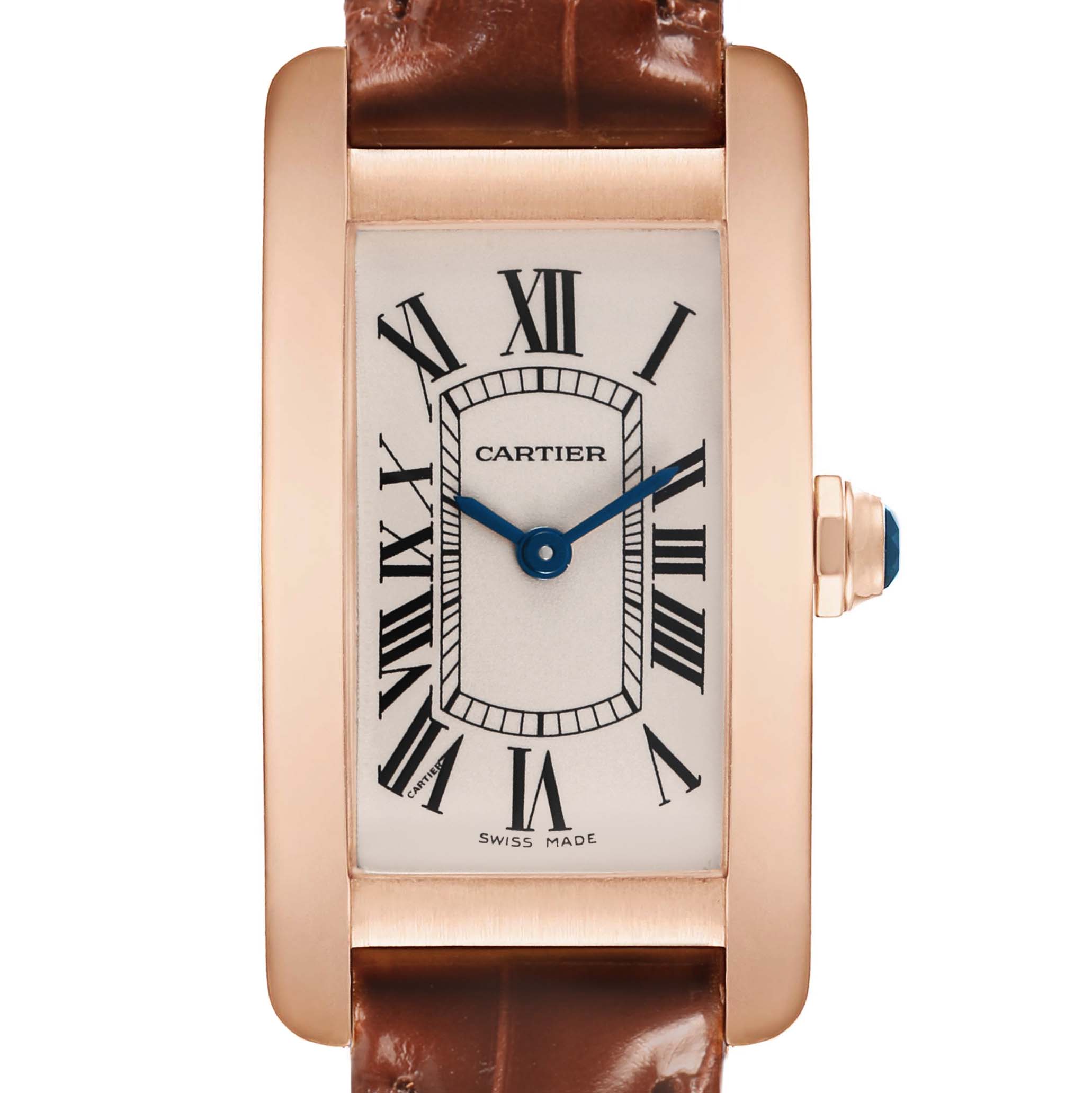 The Cartier Tank Americaine W2607456 Women's Rose Gold Silver Dial watch is shown from the front, highlighting its rectangular face, Roman numerals, and leather strap.