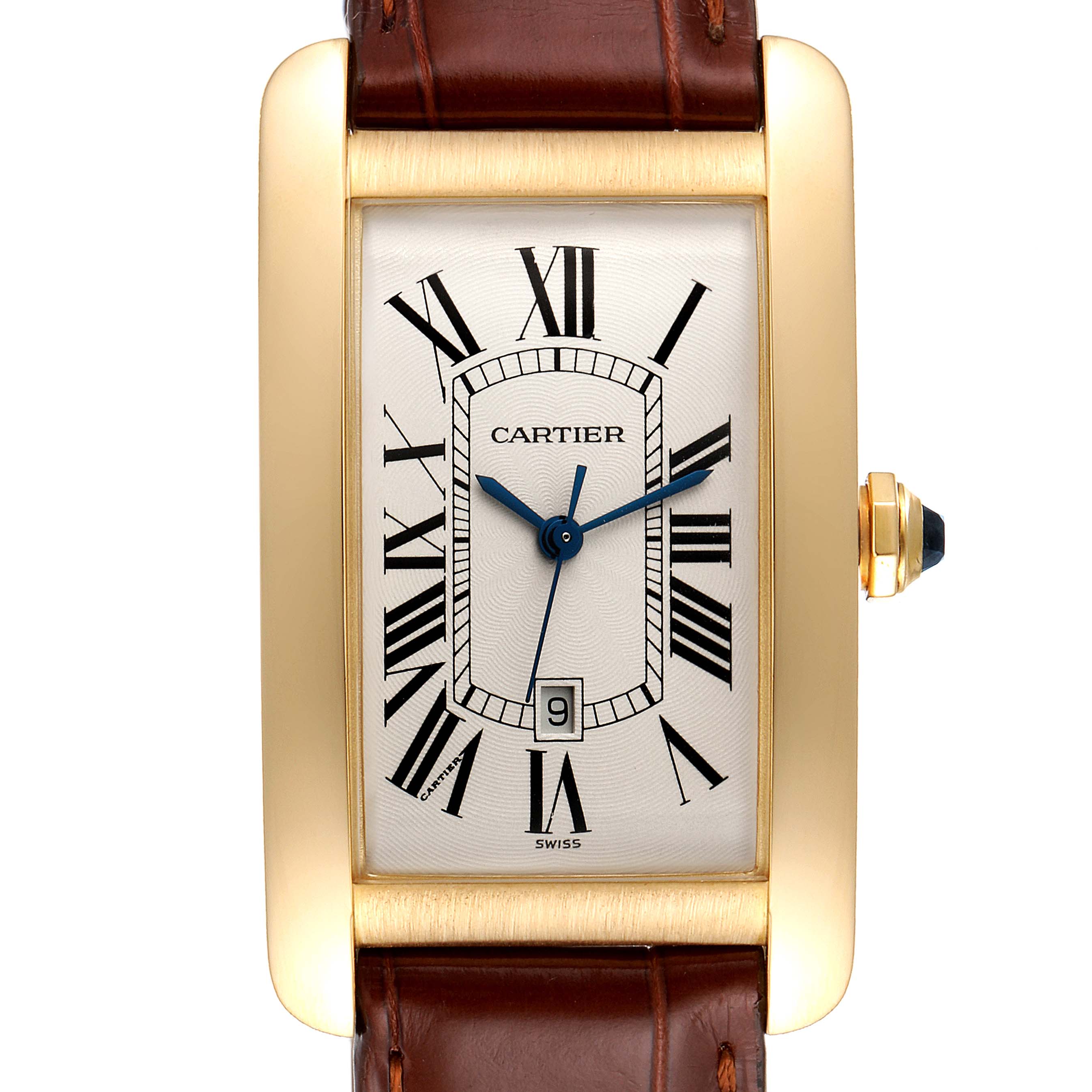 The image shows a front view of the Cartier Tank Americaine W2603156 Men
s Yellow Gold Silver Dial W2603156 Men
s Yellow Gold Silver Dial watch, highlighting the dial, bezel, and leather strap.