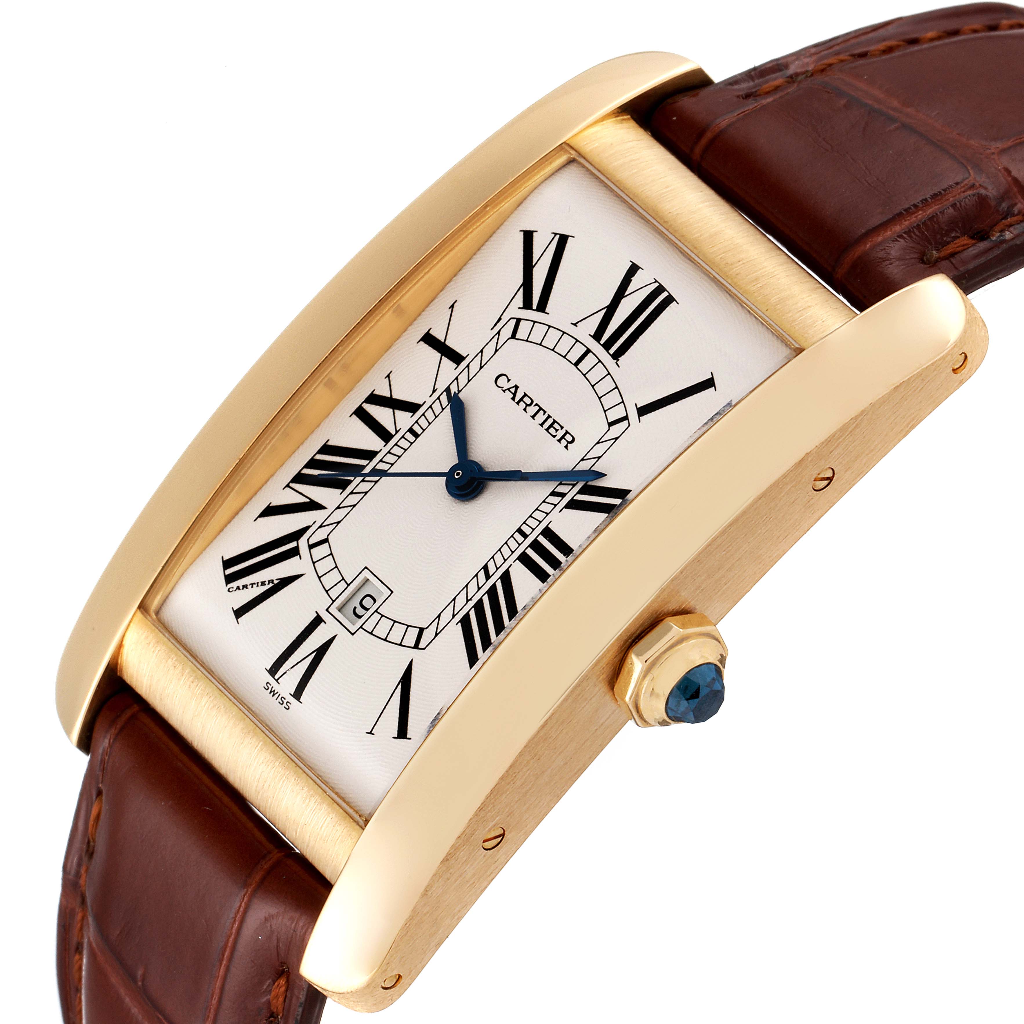 The image shows a close-up angled view of a Cartier Tank Américaine watch, highlighting its face, case, and crown with a leather strap.