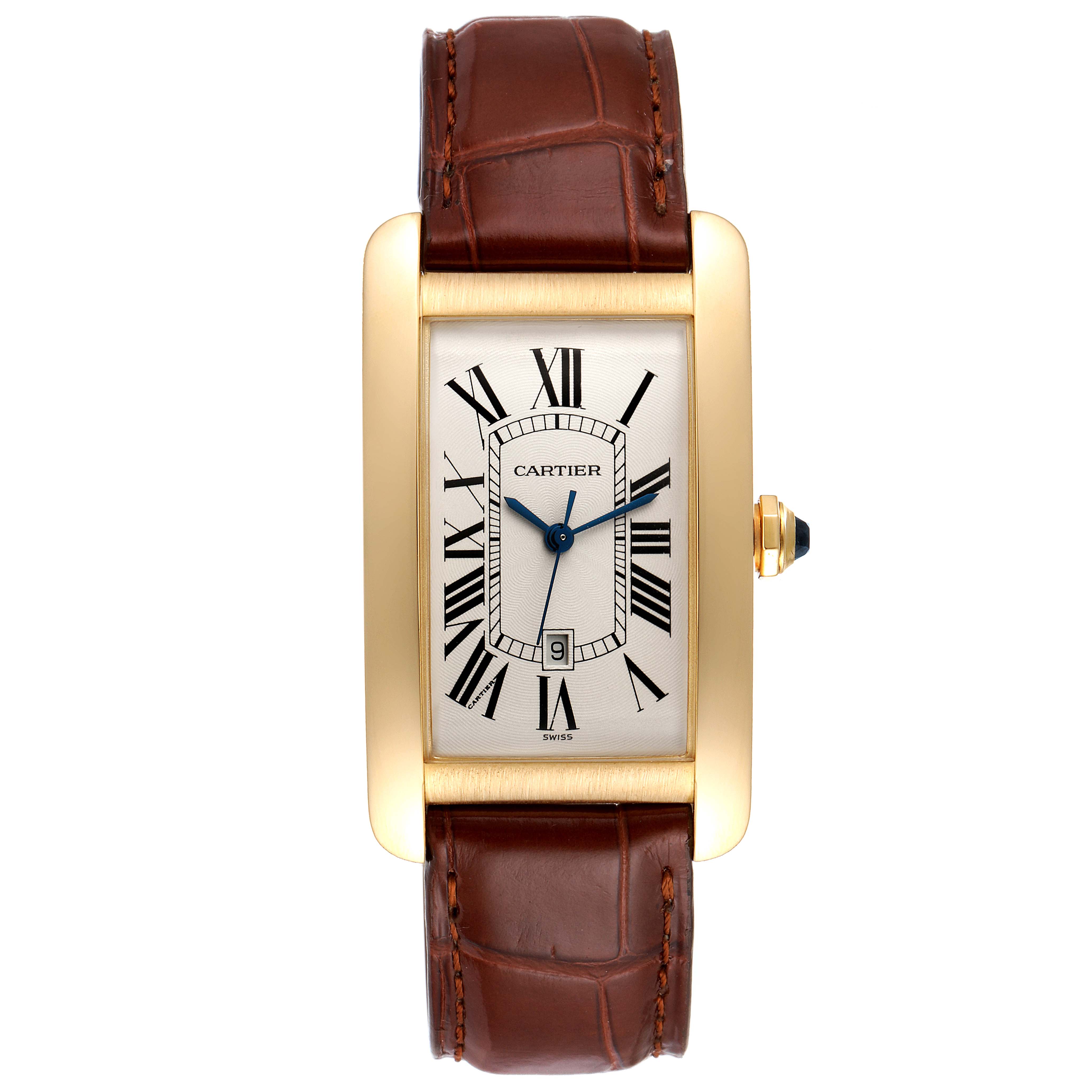 The image shows a front view of the Cartier Tank Americaine W2603156 Men
s Yellow Gold Silver Dial W2603156 Men
s Yellow Gold Silver Dial watch, highlighting the dial, bezel, crown, and leather strap.