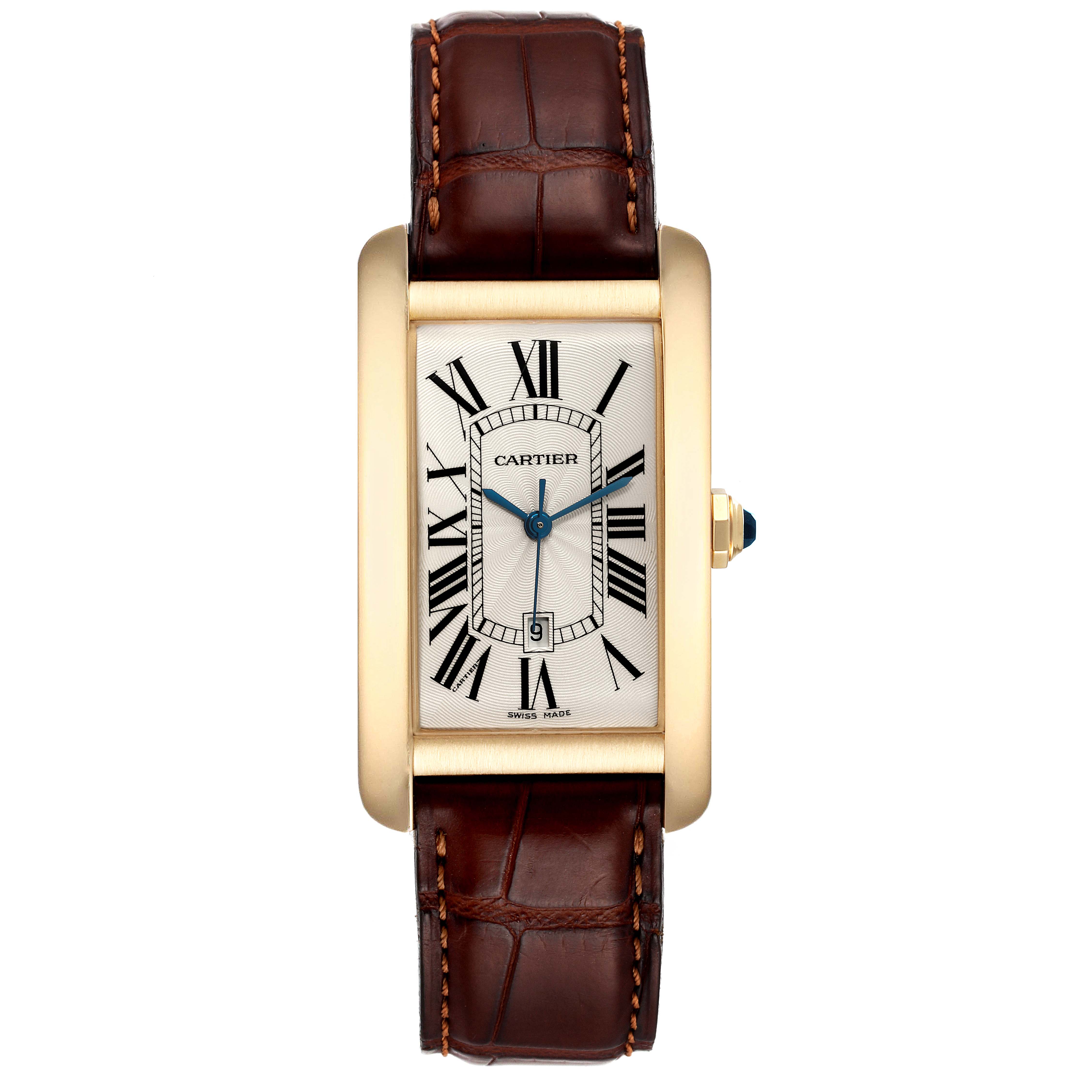 The image shows a Cartier Tank Américaine watch from a top-down angle, highlighting its rectangular face, Roman numerals, and leather strap.