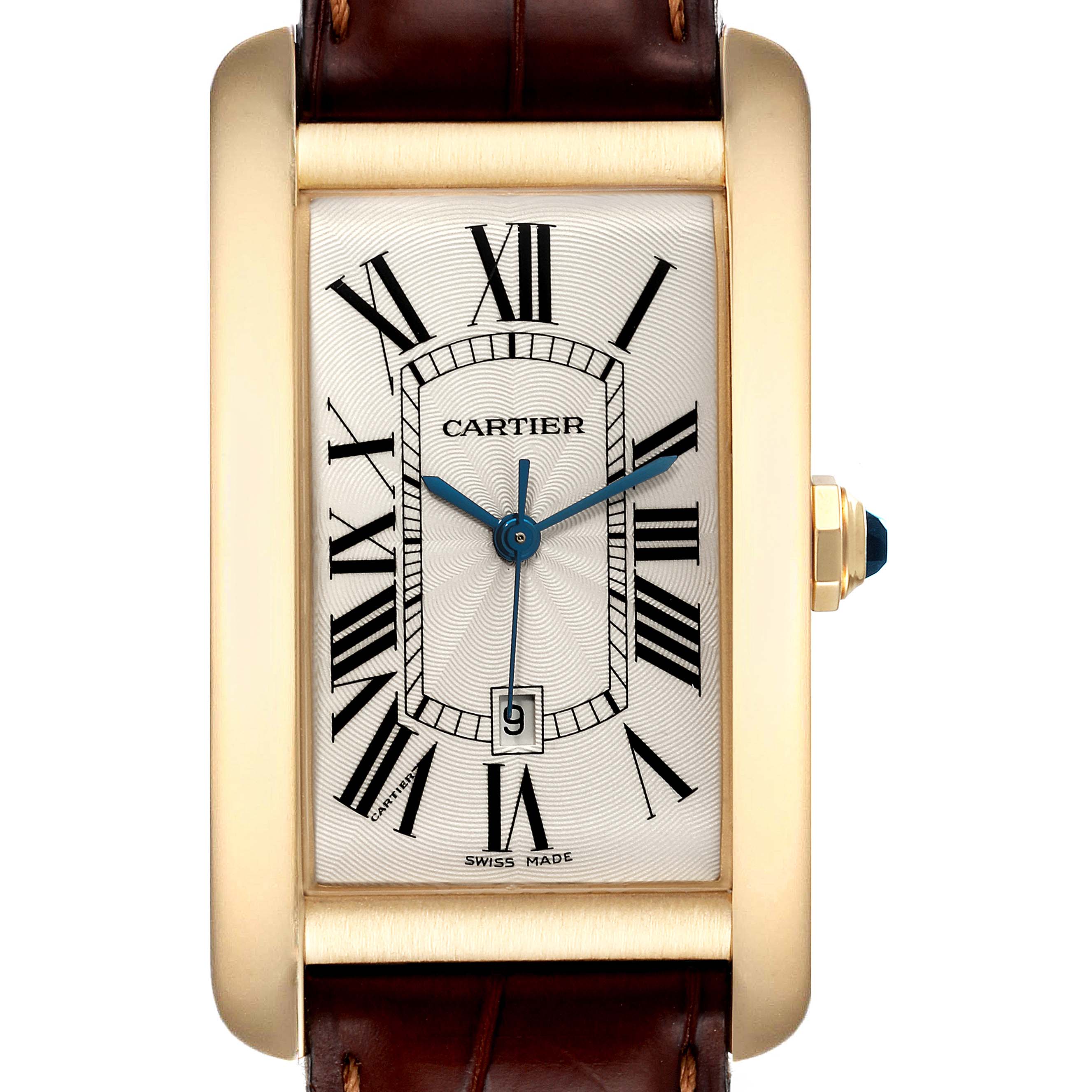 This is a front view of the Cartier Tank Americaine W2603156 Men's Yellow Gold Silver Dial W2603156 Men's Yellow Gold Silver Dial watch, showing its rectangular face, Roman numerals, and leather strap.
