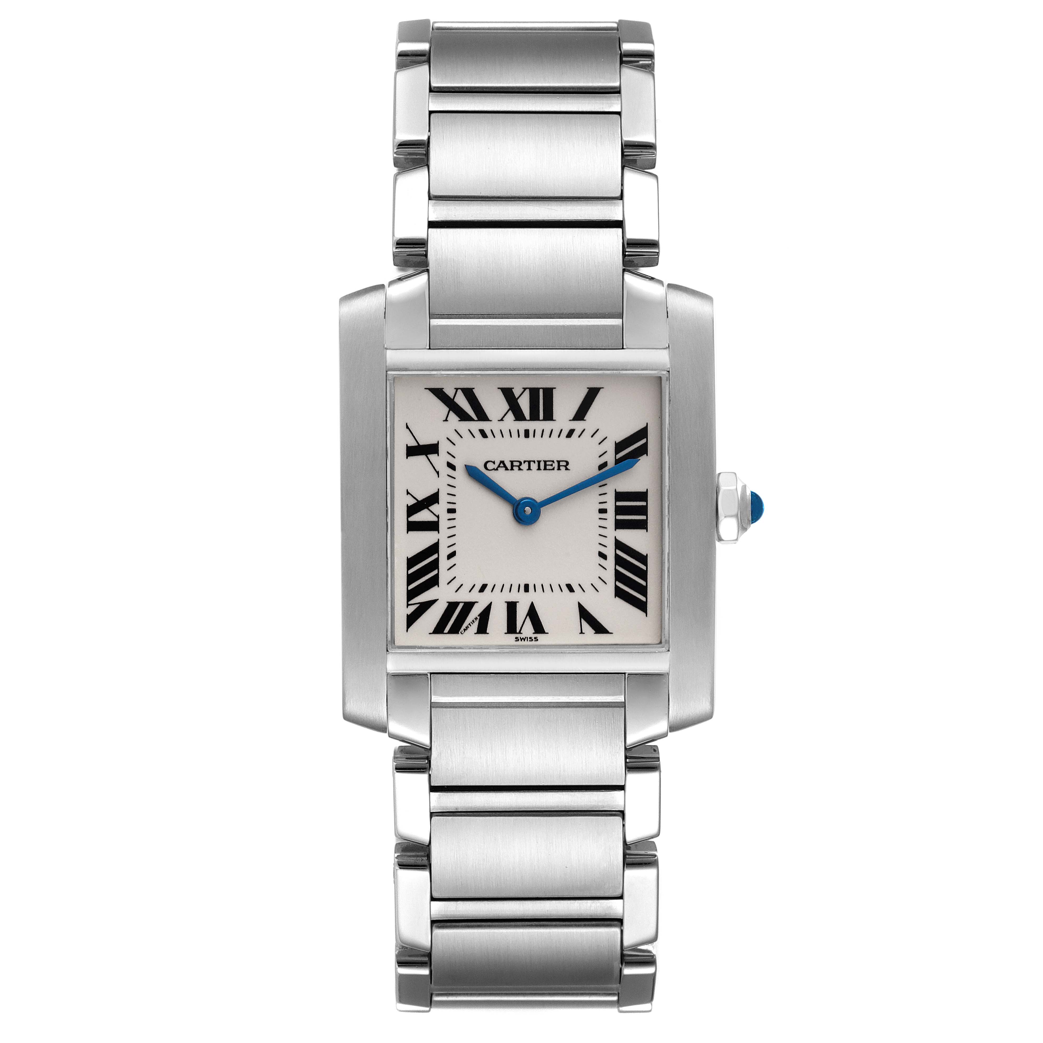 The image shows a Tank Française model watch by Cartier, featuring a rectangular face, Roman numerals, and a stainless steel band from a front view.