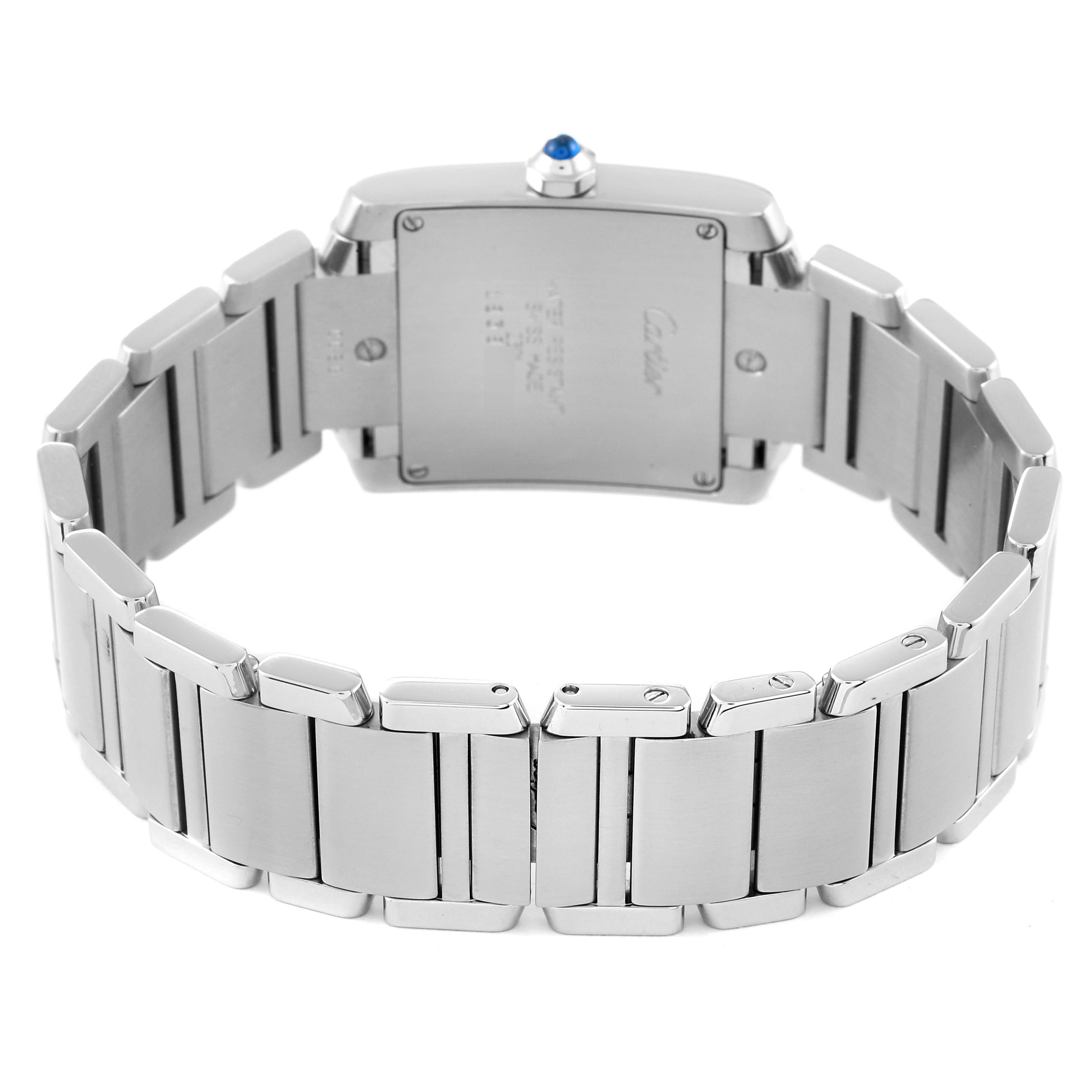 The image shows the back view of a Cartier Tank Francaise WSTA0005 Women
s Stainless Steel Silver Dial WSTA0005 Women
s Stainless Steel Silver Dial watch, highlighting its metal bracelet and case back.