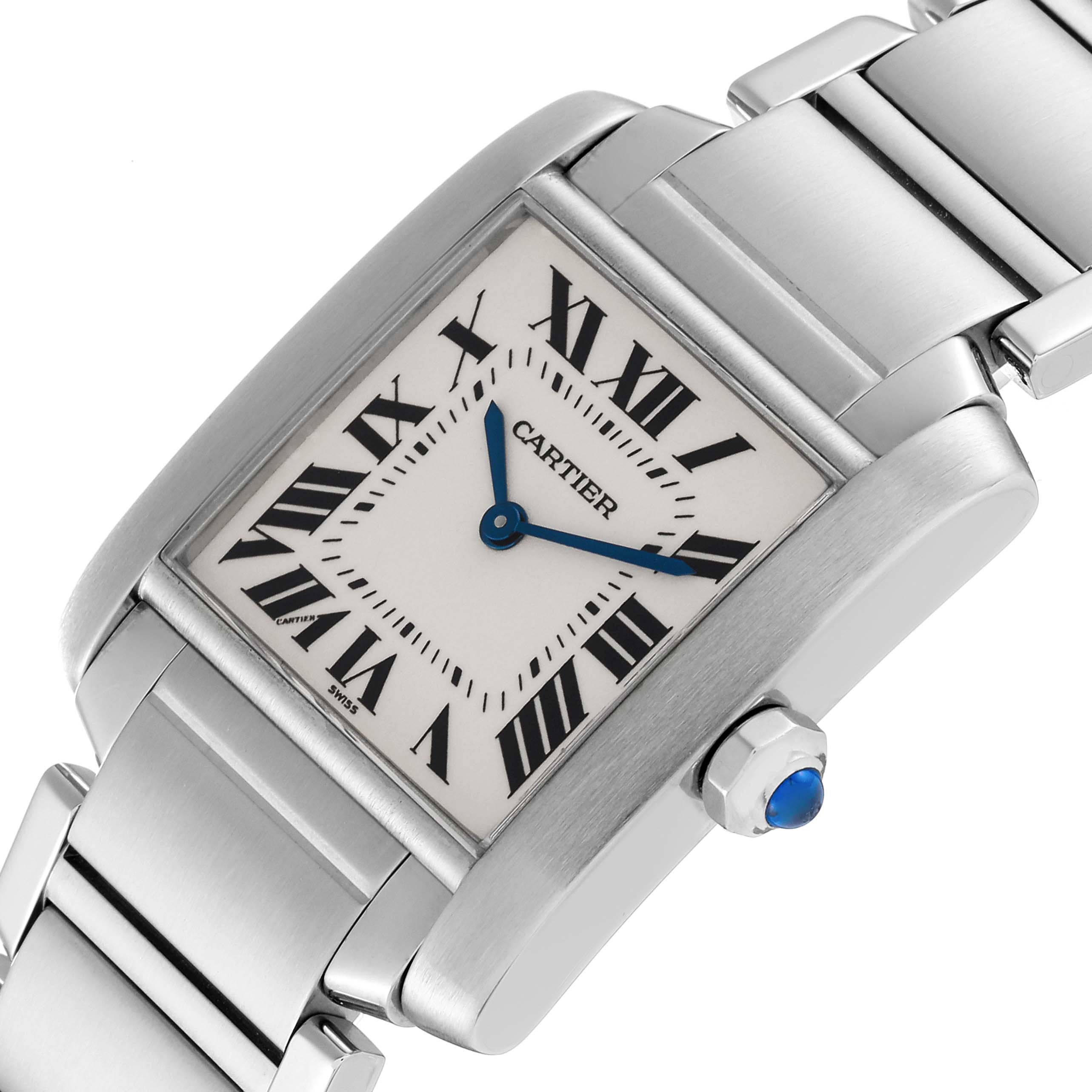 The image shows the Cartier Tank Francaise WSTA0005 Women
s Stainless Steel Silver Dial WSTA0005 Women
s Stainless Steel Silver Dial watch at an angled close-up, highlighting the face, crown, and part of the bracelet.