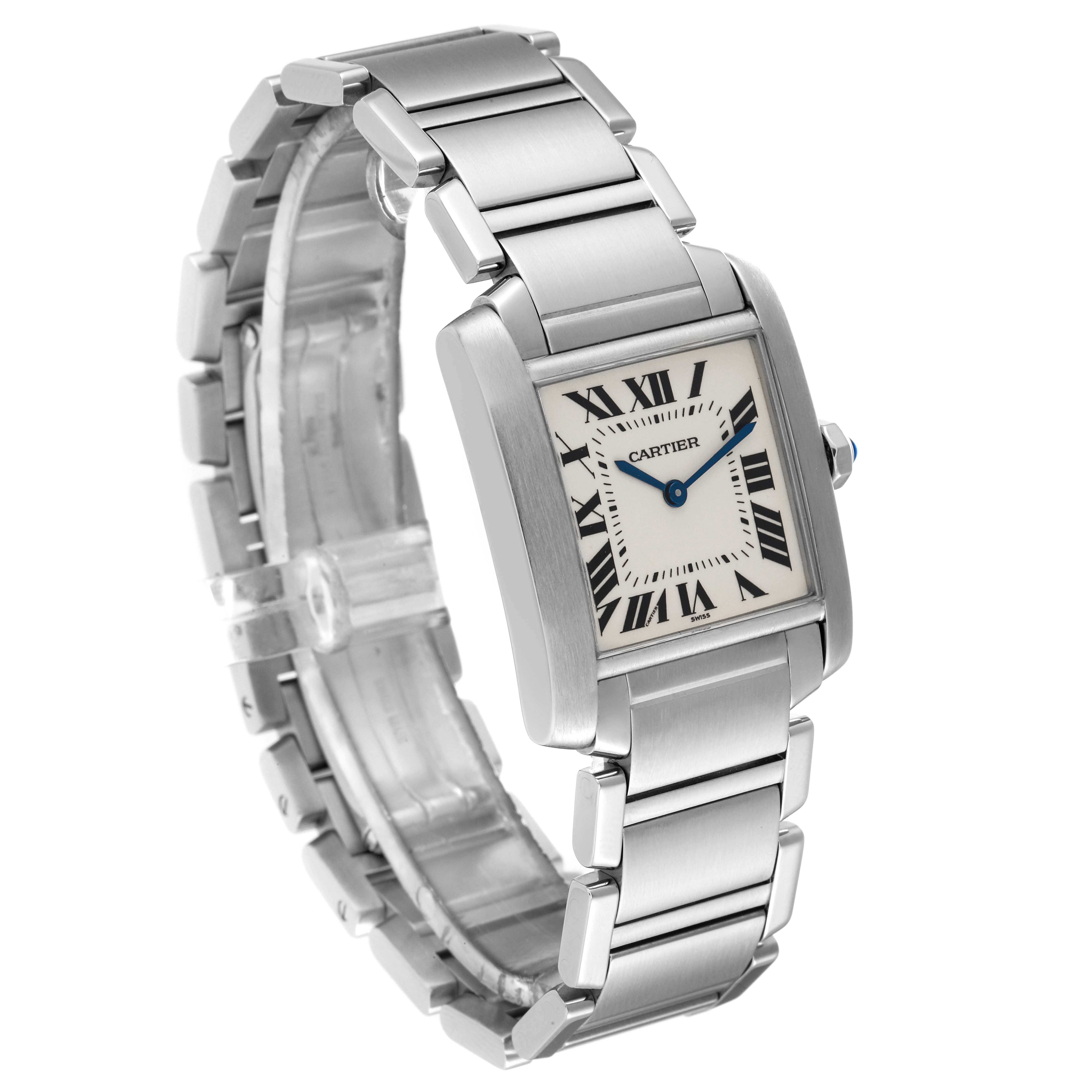 The Cartier Tank Francaise WSTA0005 Women
s Stainless Steel Silver Dial WSTA0005 Women
s Stainless Steel Silver Dial watch is shown at an angle, displaying its face, bracelet, and side crown.