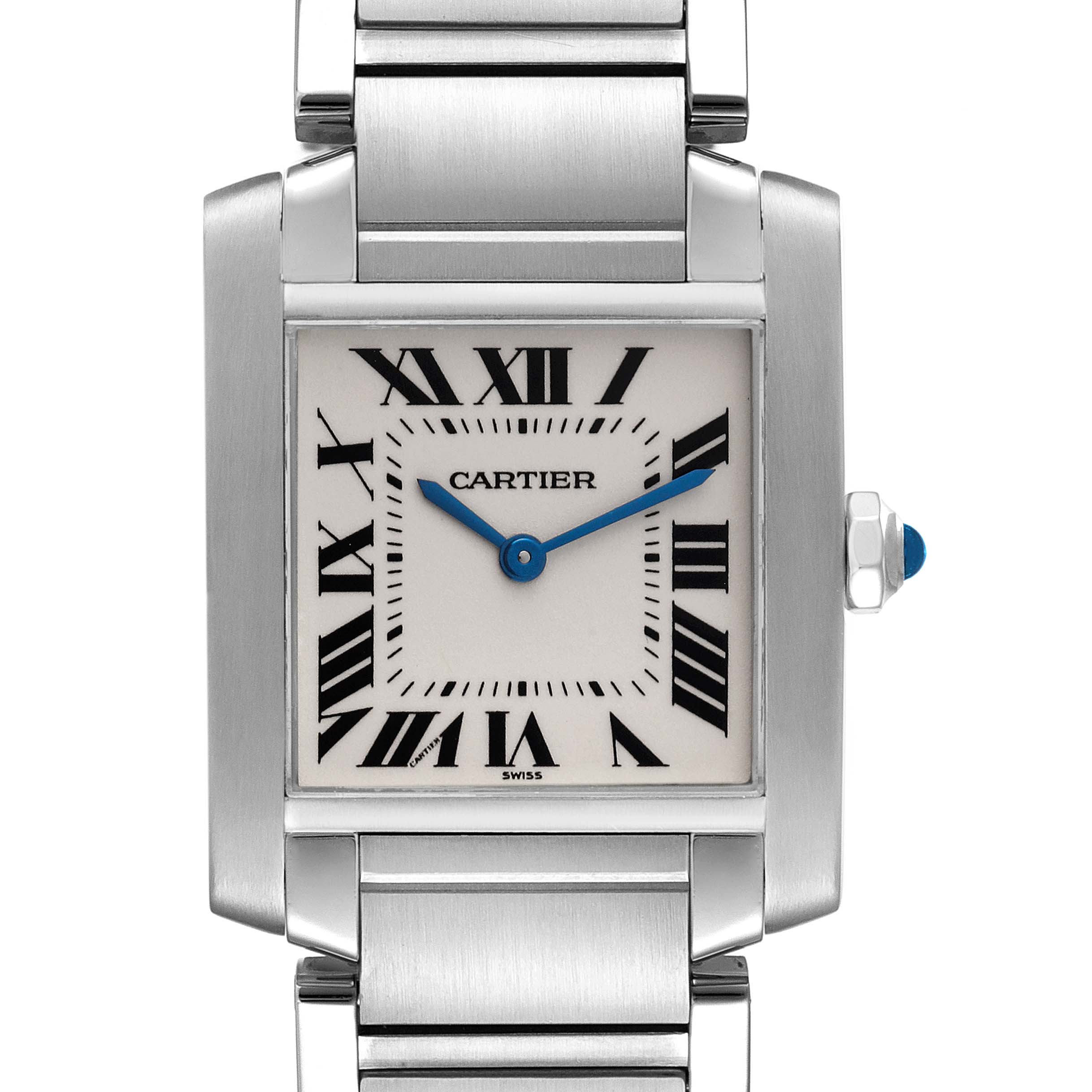 This image shows a frontal view of the Cartier Tank Française, highlighting the watch face and part of the metal bracelet.