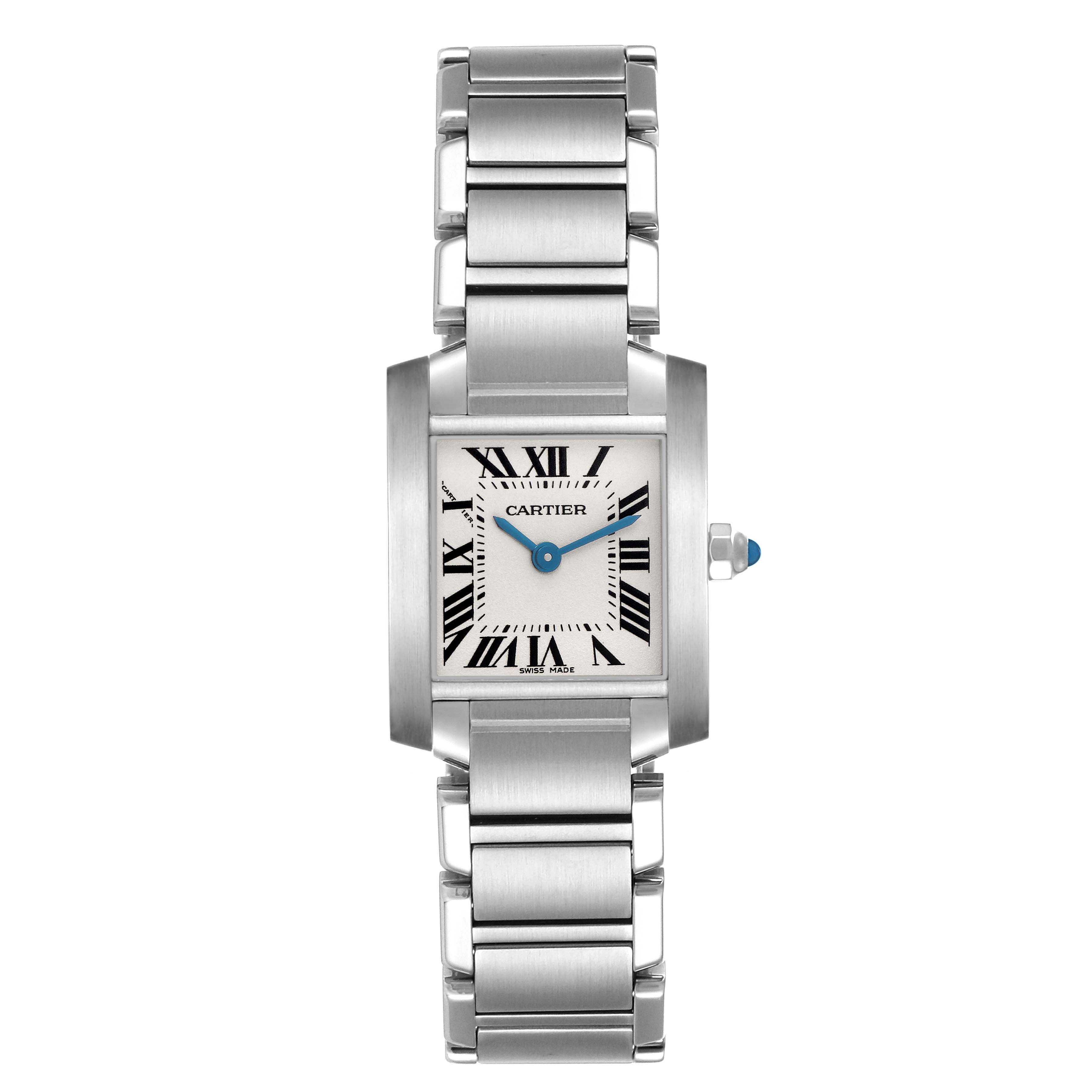 The Cartier Tank Française watch is shown from the front, displaying its square dial, Roman numerals, and metal bracelet.