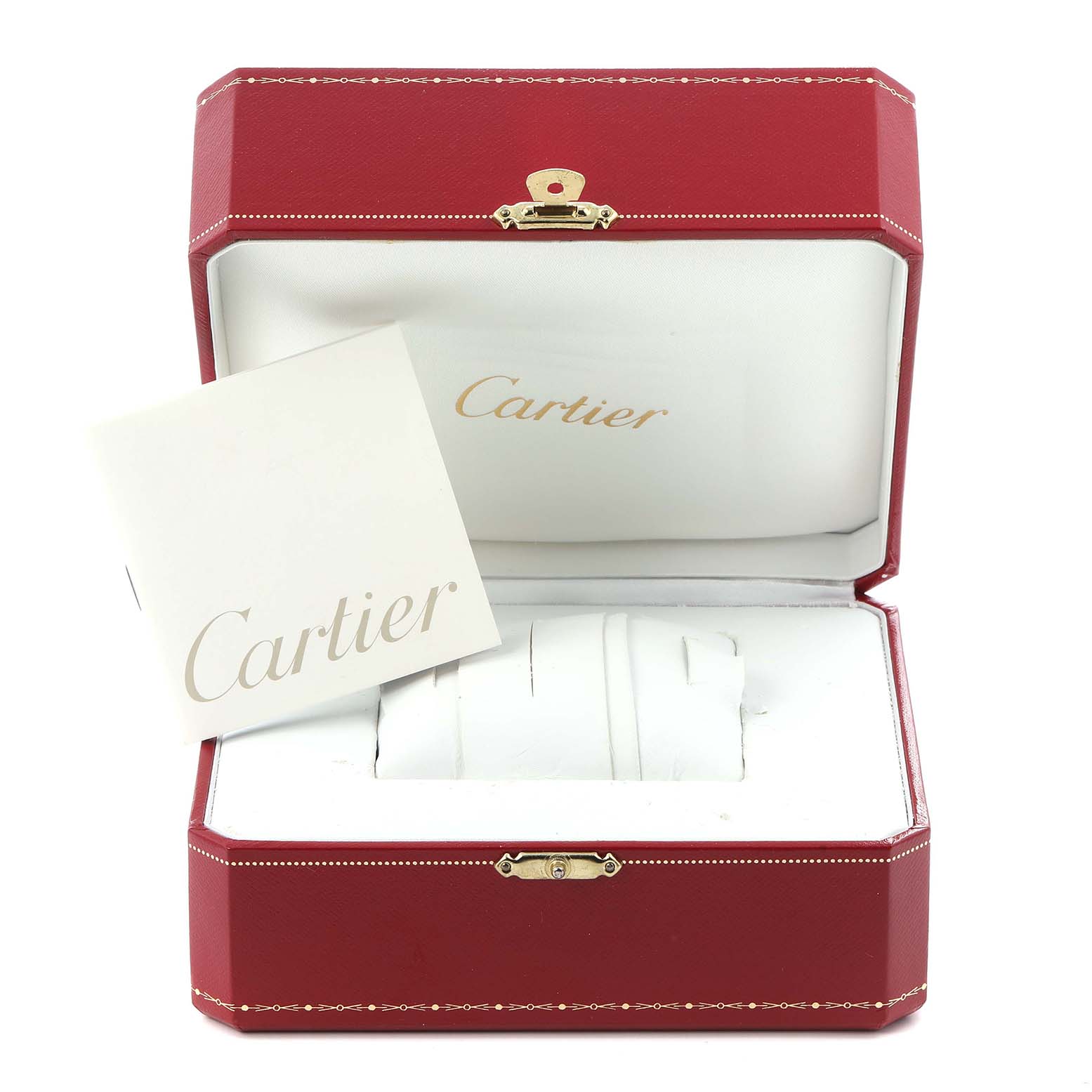 The image shows a Cartier Tank Française watch box, open with a visible interior pillow and a booklet.