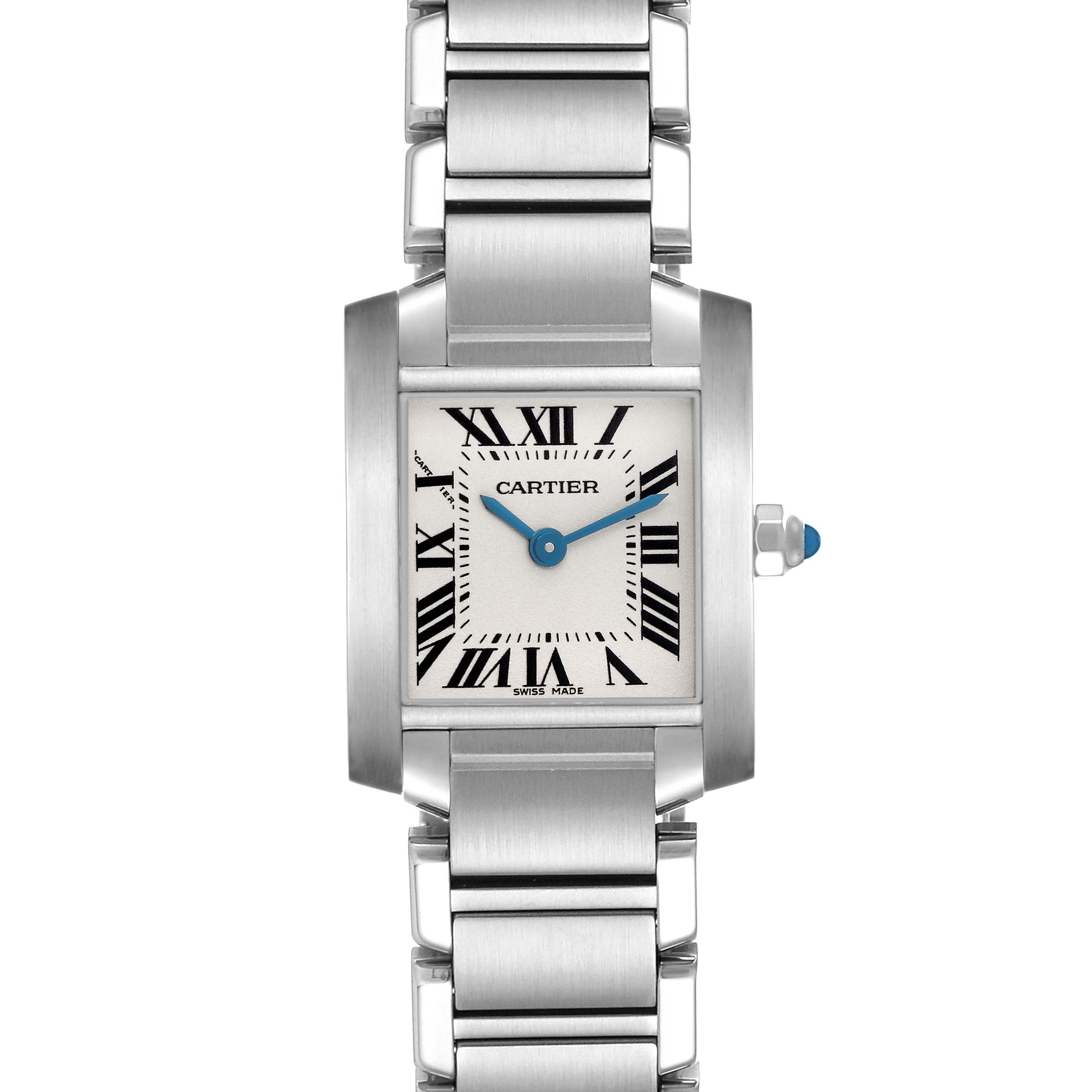 The Cartier Tank Française watch is shown from a front view, highlighting its rectangular face, Roman numerals, and stainless steel bracelet.