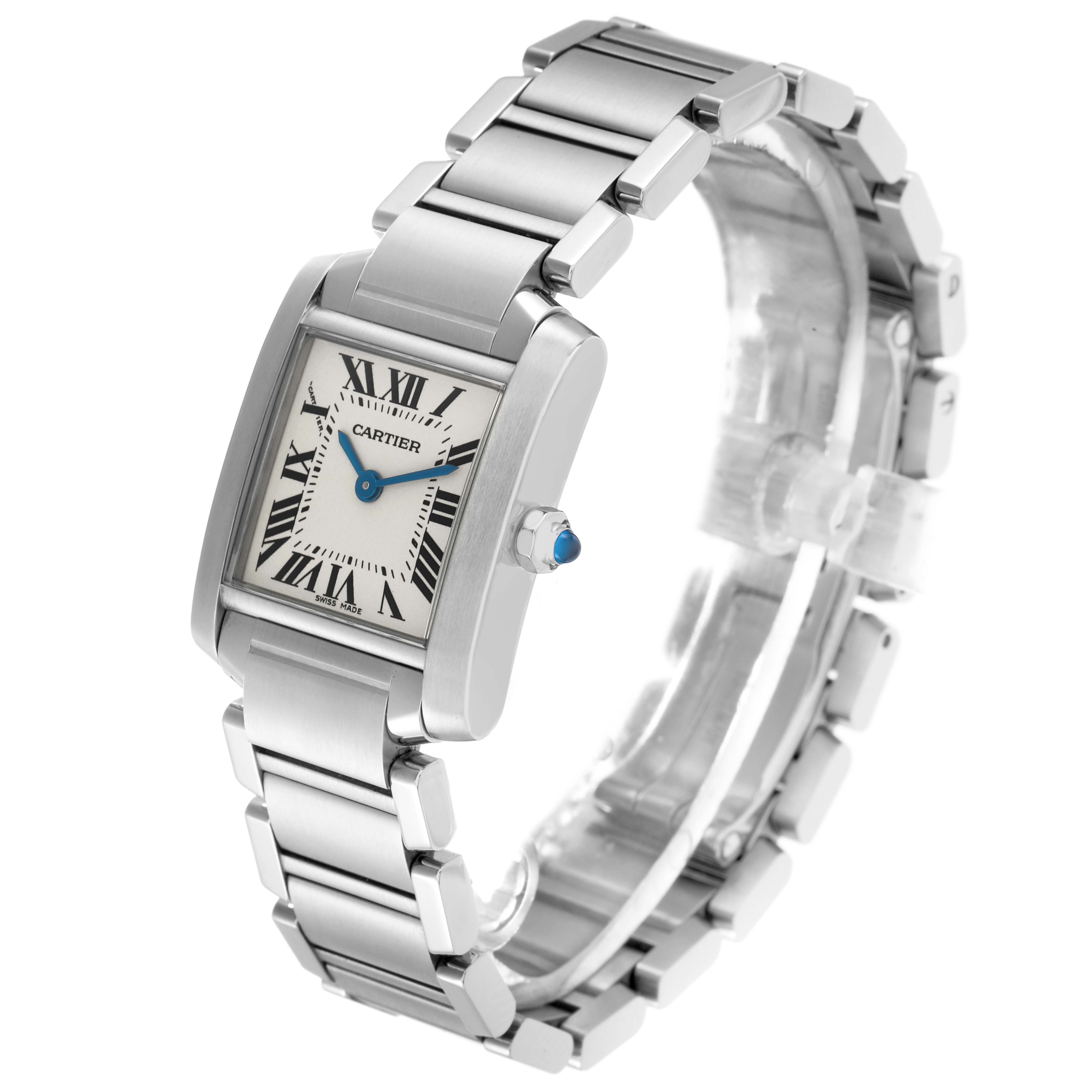 The Cartier Tank Française watch is shown at a three-quarter angle, highlighting the face, crown, and metal bracelet.