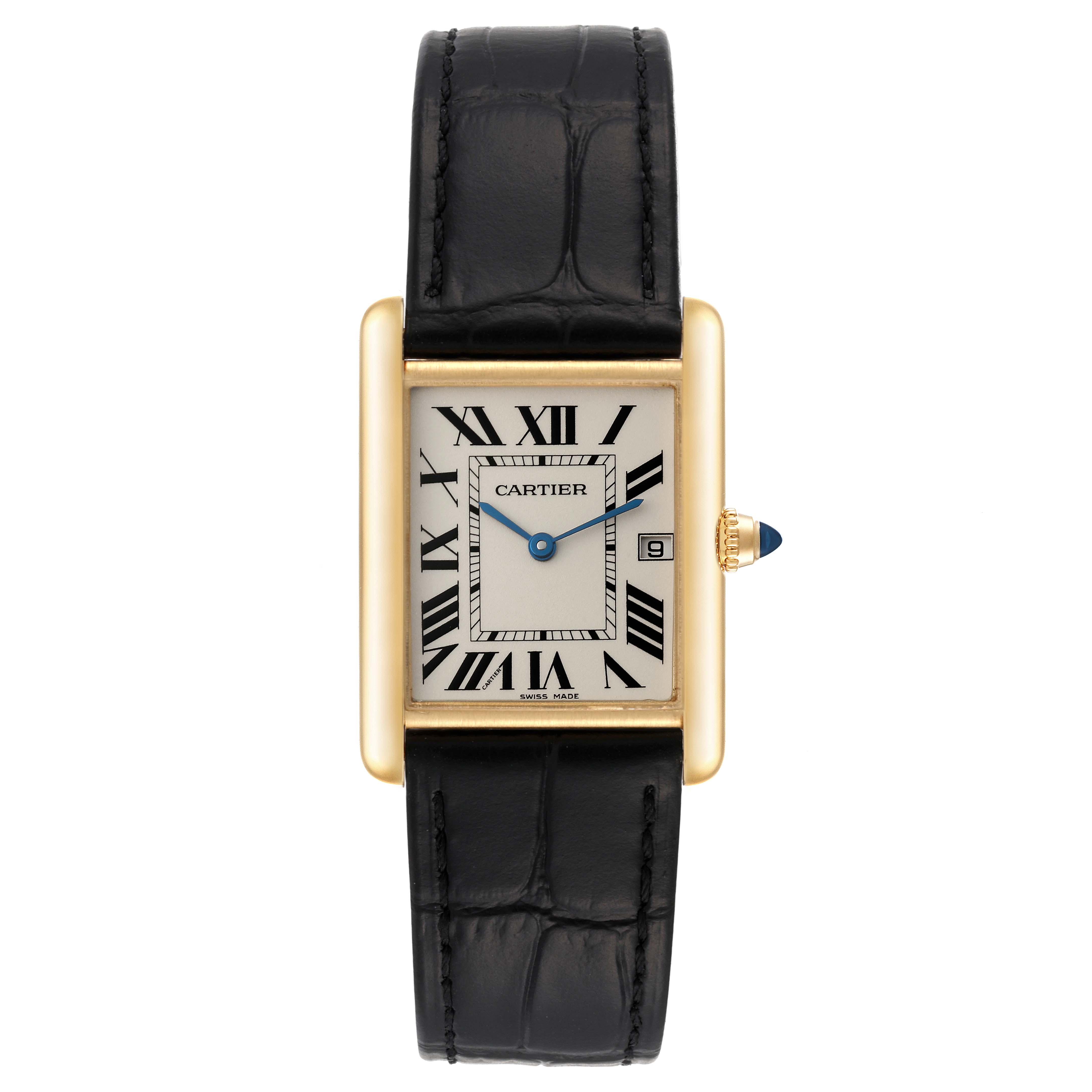 The image shows a frontal view of a Cartier Tank Louis W1529756 Men
s Yellow Gold Silver Dial W1529756 Men
s Yellow Gold Silver Dial watch with a leather strap, gold casing, and Roman numeral dial.