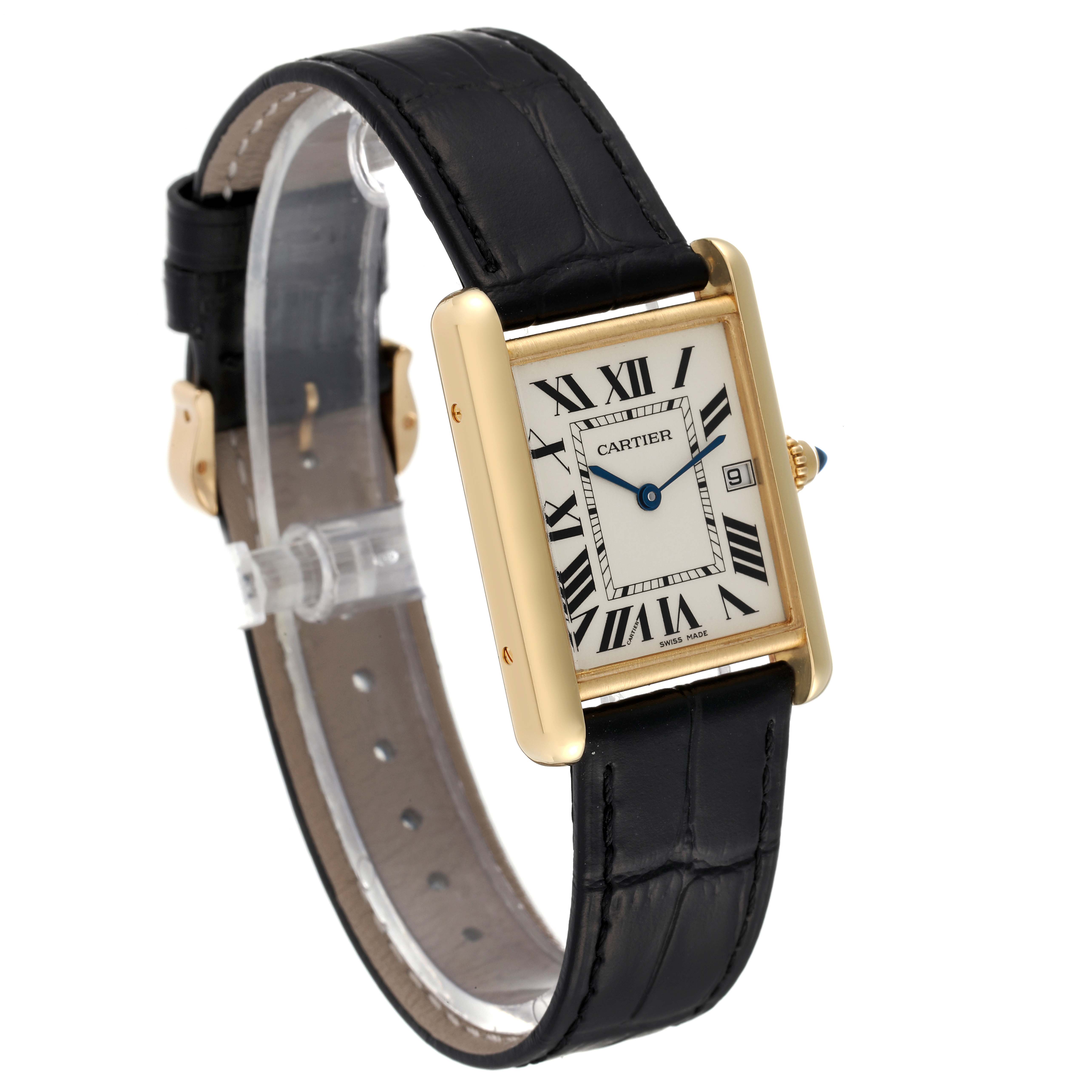 The Cartier Tank Louis W1529756 Men
s Yellow Gold Silver Dial W1529756 Men
s Yellow Gold Silver Dial watch is shown at a 3/4 angle, highlighting its rectangular face, black leather strap, and gold case.