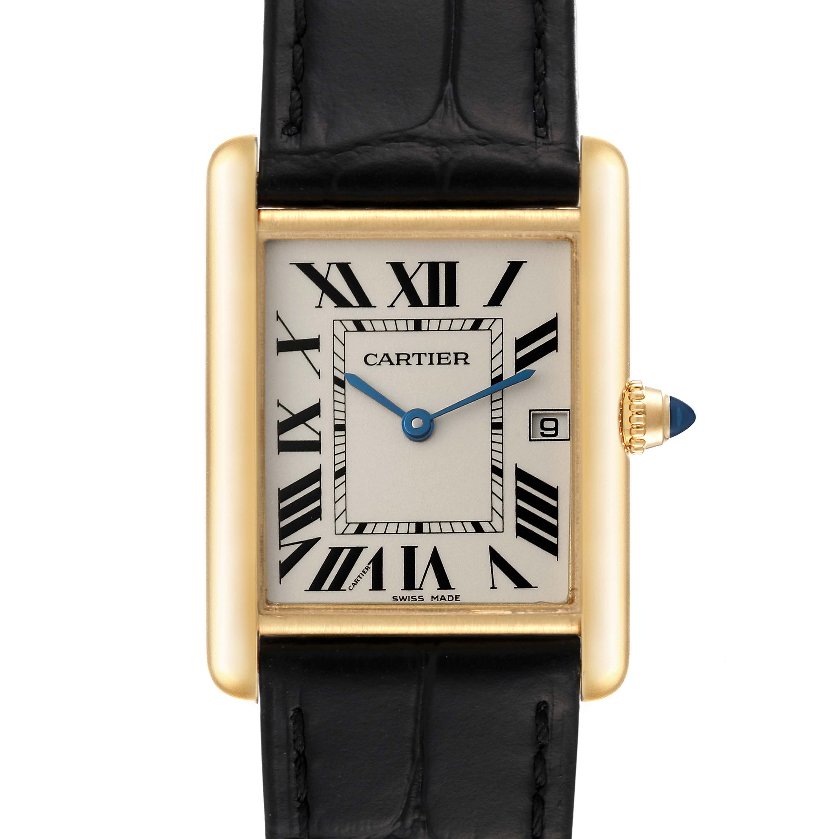 The image shows a front view of the Cartier Tank Louis W1529756 Men
s Yellow Gold Silver Dial W1529756 Men
s Yellow Gold Silver Dial model watch, showcasing its rectangular dial, Roman numerals, and leather strap.