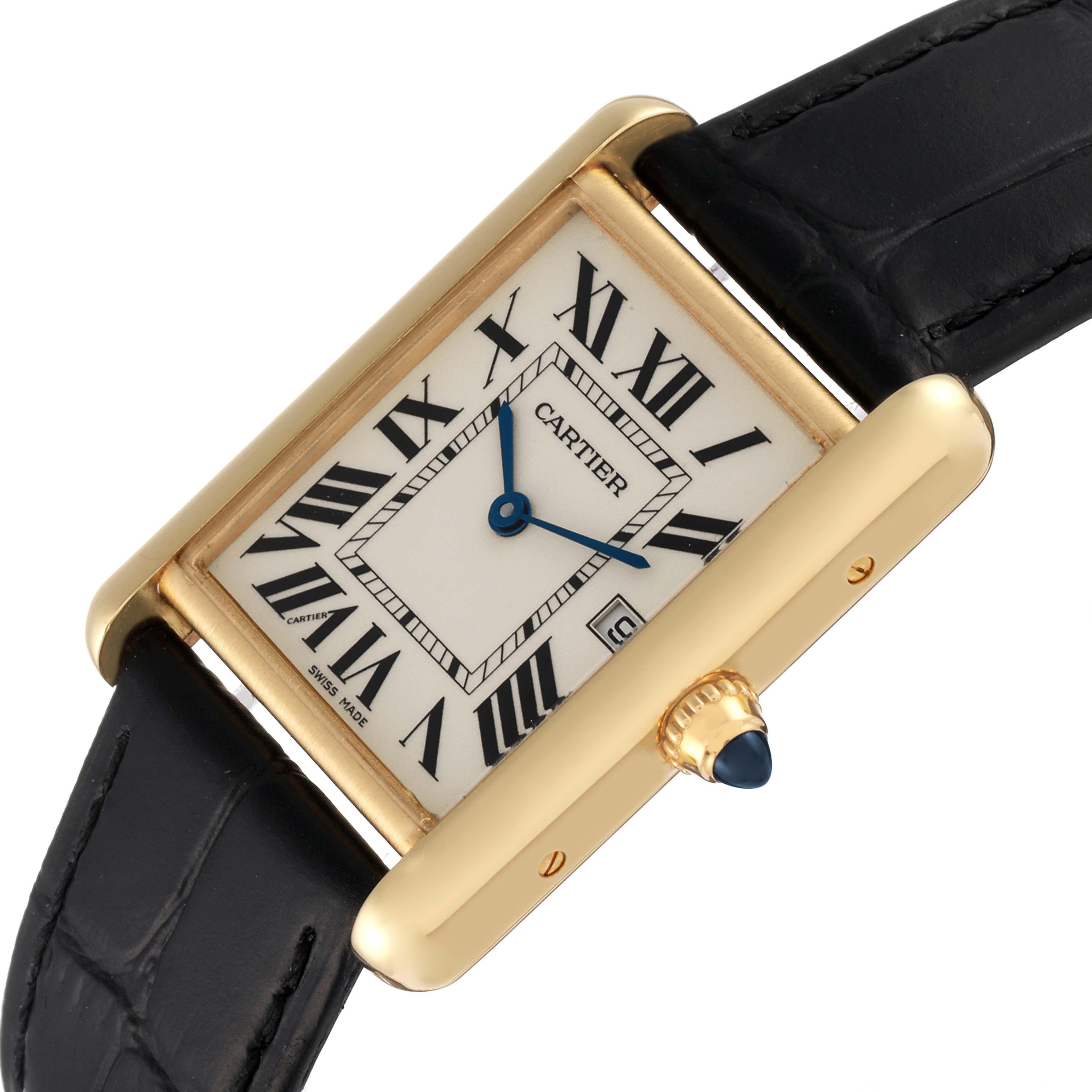 The image shows a top view of the Cartier Tank Louis W1529756 Men
s Yellow Gold Silver Dial W1529756 Men
s Yellow Gold Silver Dial watch, displaying its rectangular face, Roman numerals, gold casing, and black leather strap.
