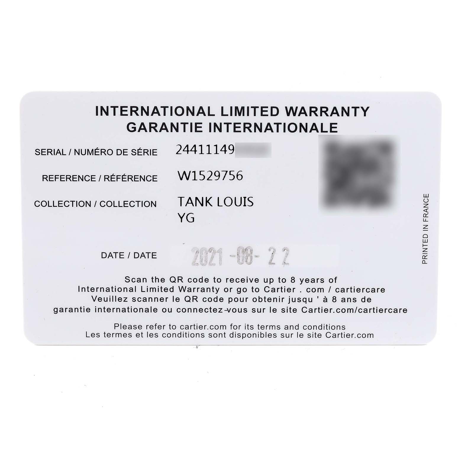 This image shows a Cartier Tank Louis W1529756 Men
s Yellow Gold Silver Dial W1529756 Men
s Yellow Gold Silver Dial watch
s international limited warranty card with details like serial number, reference number, and date.