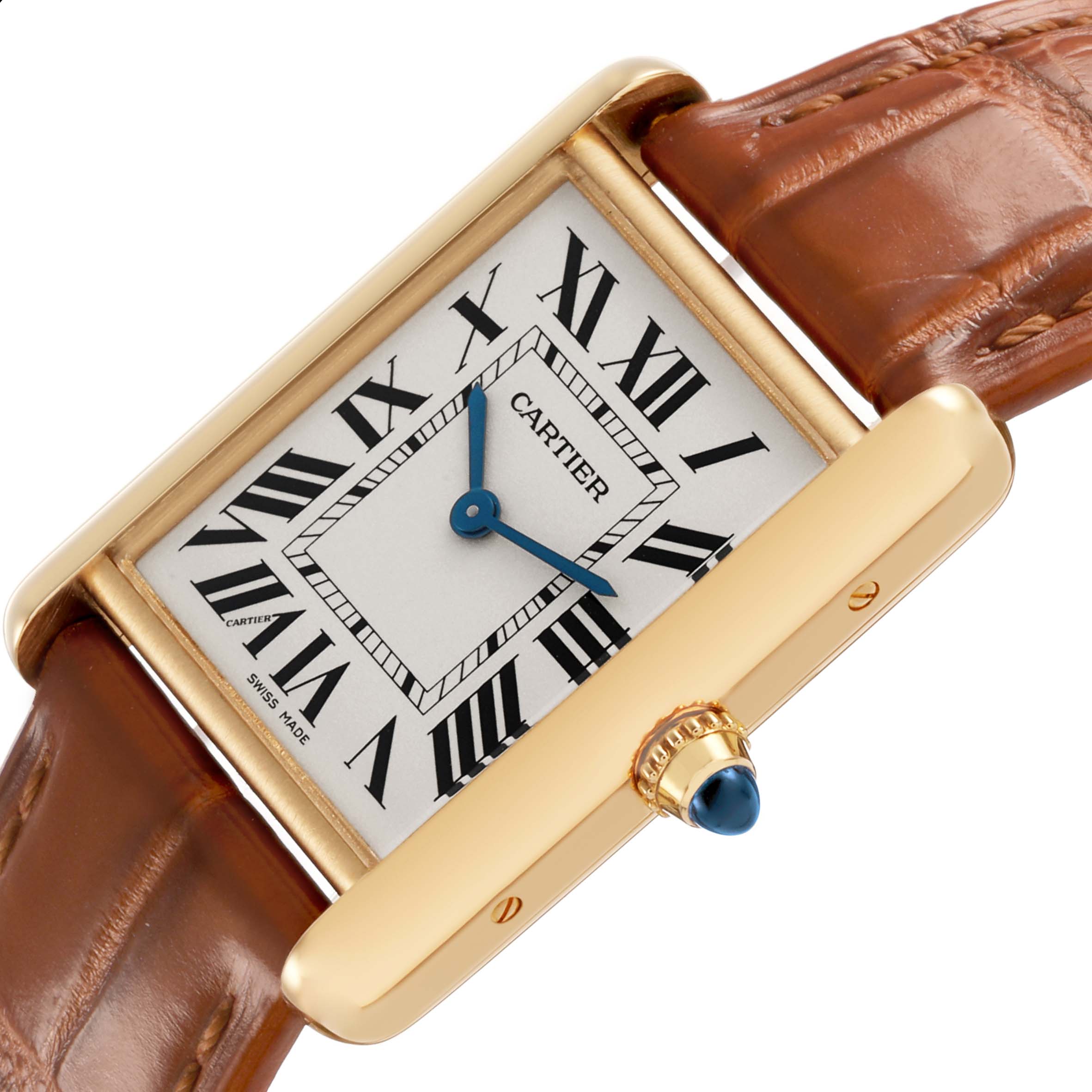 The Cartier Tank Louis WGTA0067 Men's Yellow Gold Silver Dial watch is shown at an angle highlighting its rectangular face, gold casing, blue hands, and leather strap.