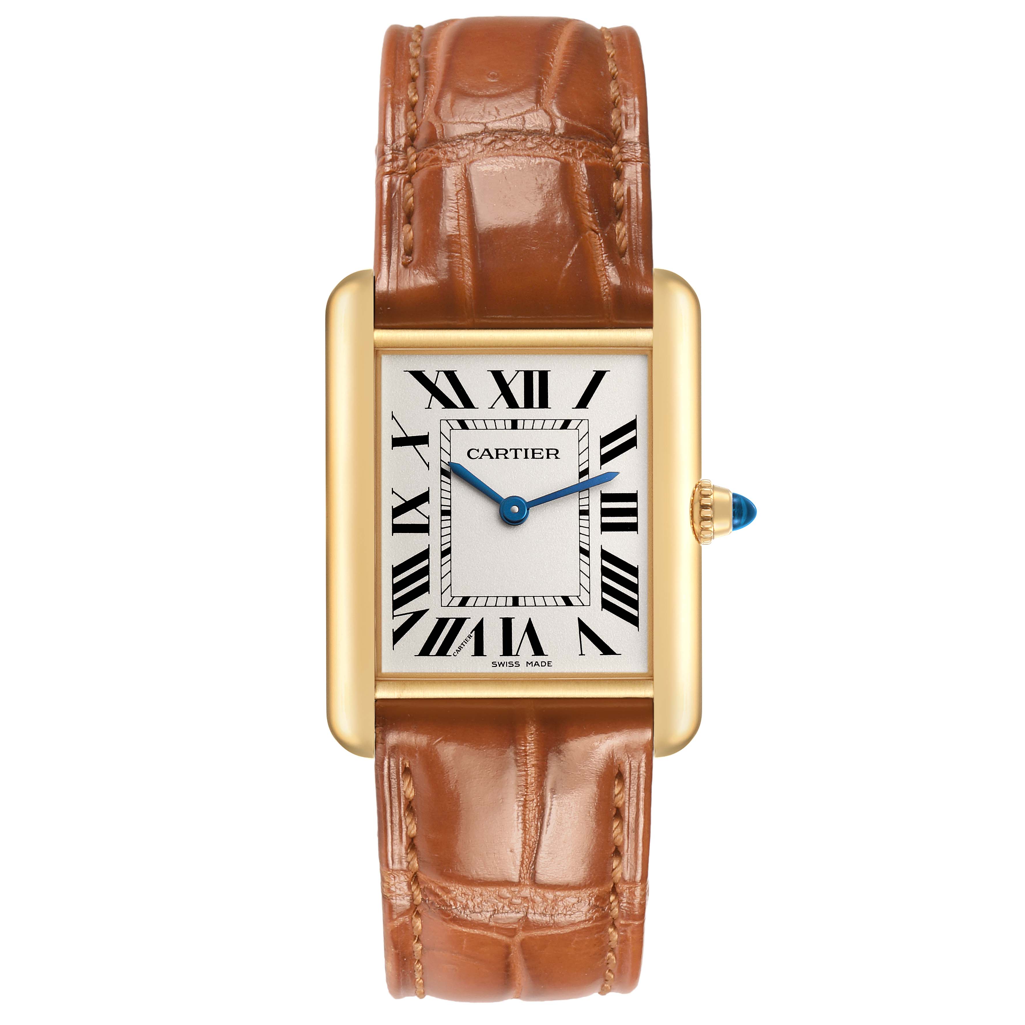 The Cartier Tank Louis WGTA0067 Men's Yellow Gold Silver Dial watch is shown from a straight-on angle, featuring its rectangular face, gold case, and brown leather strap.