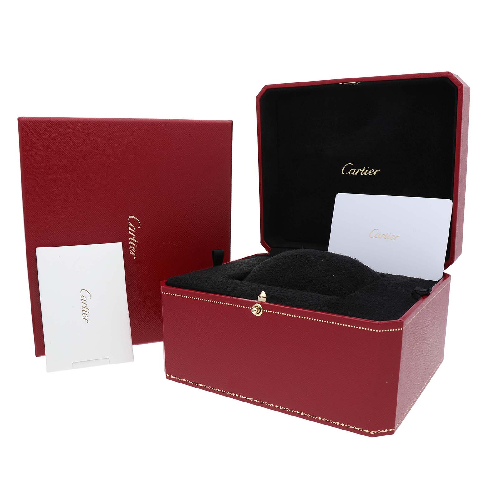 The image shows the open packaging box and paperwork for the Cartier Tank Louis WGTA0067 Men's Yellow Gold Silver Dial watch, with a visible red box and holder.
