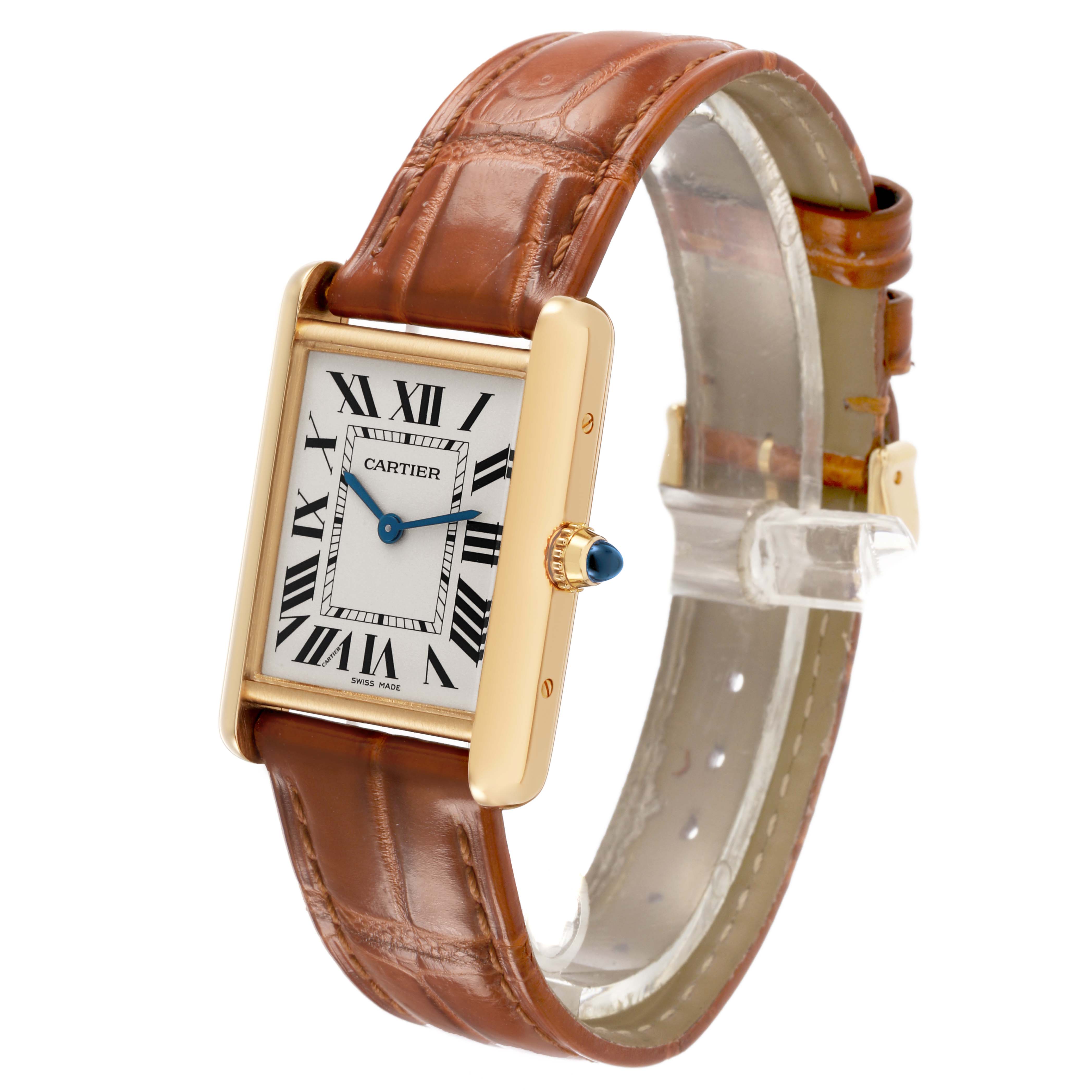 The Cartier Tank Louis WGTA0067 Men's Yellow Gold Silver Dial watch is shown at an angled side view, highlighting the face, crown, and brown leather strap.