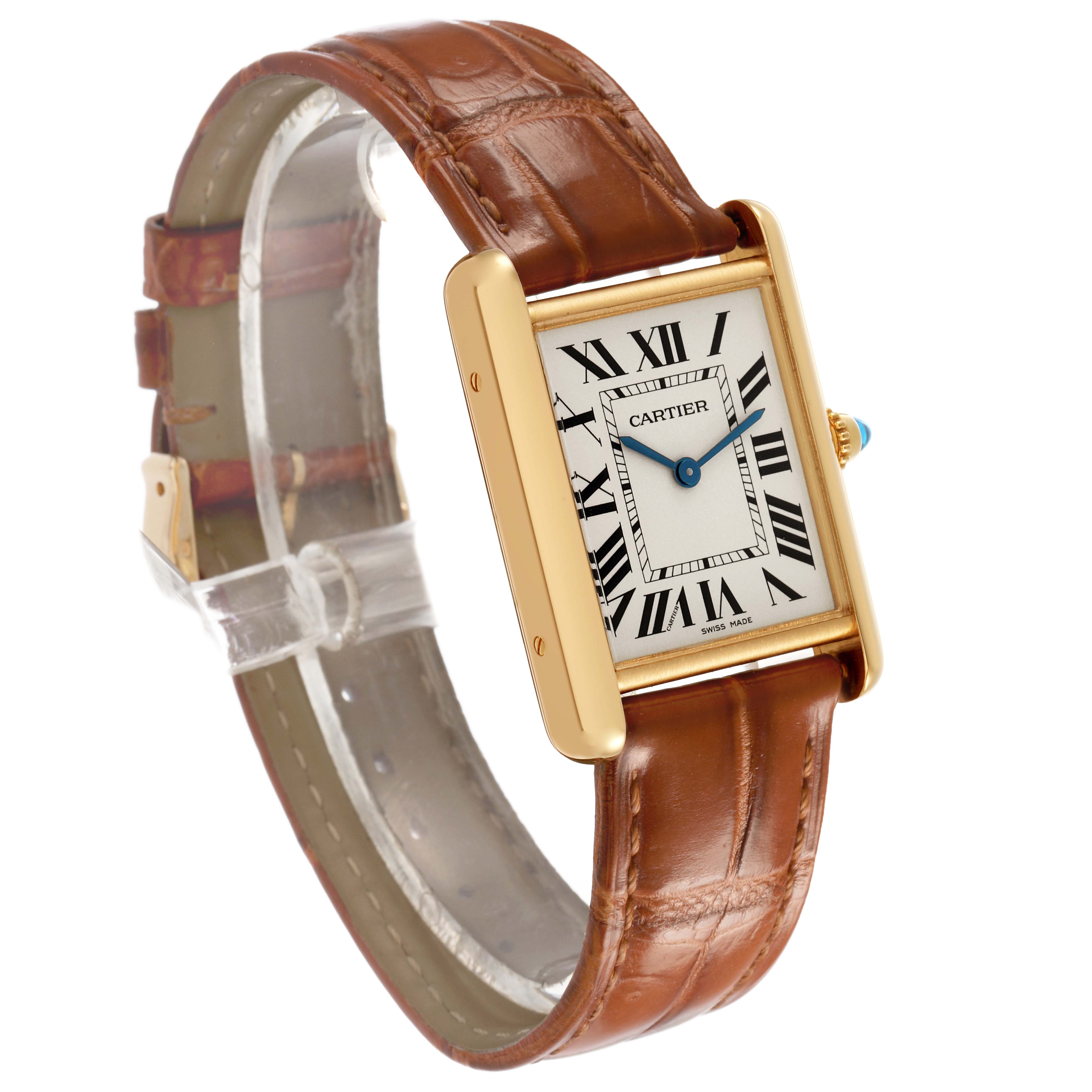 The Cartier Tank Louis WGTA0067 Men's Yellow Gold Silver Dial model is shown at an angle highlighting the face, gold case, brown leather strap, and distinct blue hands.