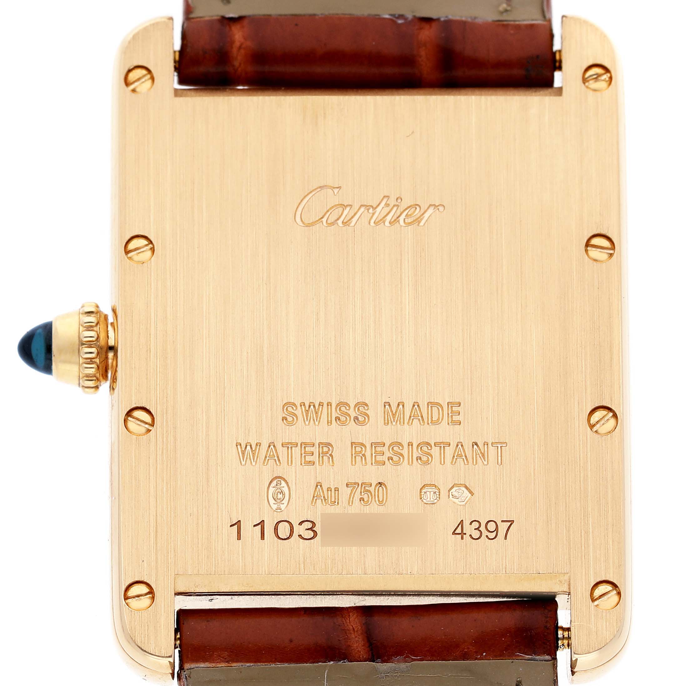 The image shows the back of the Cartier Tank Louis WGTA0067 Men's Yellow Gold Silver Dial watch, featuring the case back details and crown.