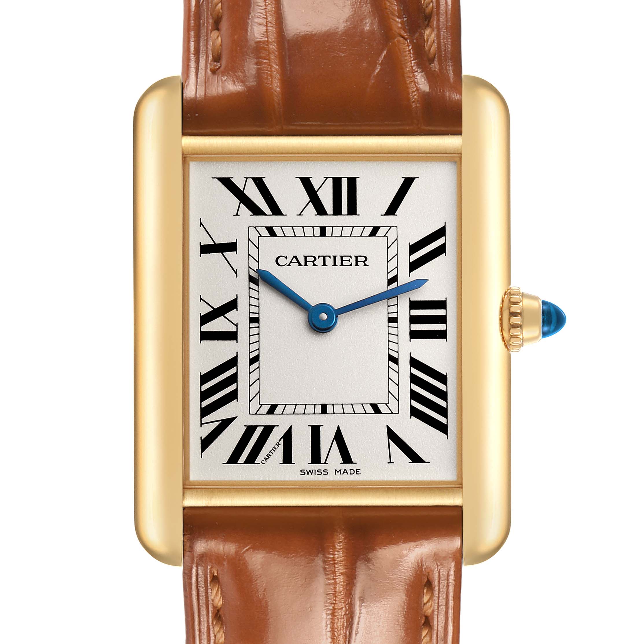 The Cartier Tank Louis WGTA0067 Men's Yellow Gold Silver Dial watch is shown from the front, highlighting the dial, Roman numerals, gold case, and brown leather strap.